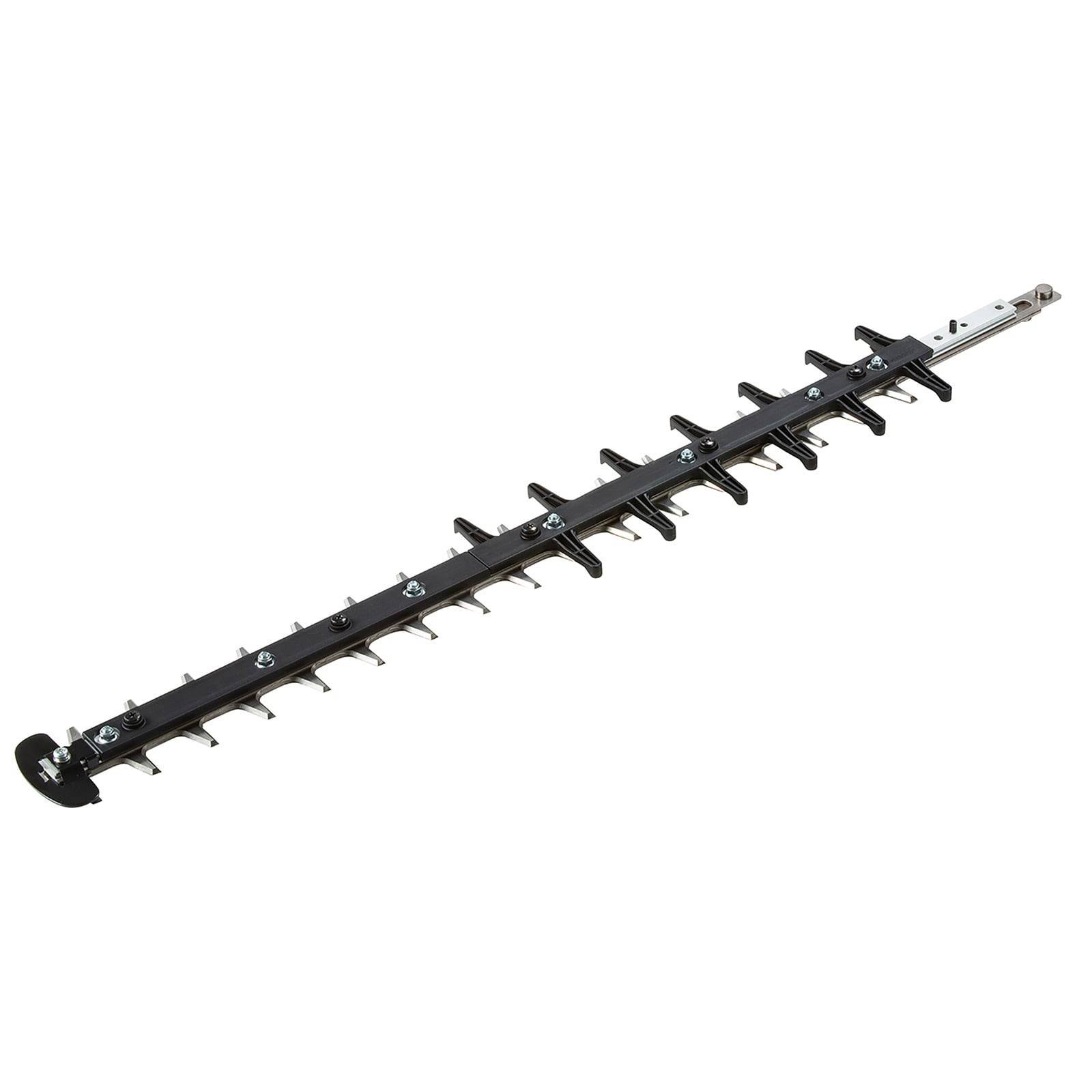 Ein langer, schlanker schwarzer Heckenschneider-Aufsatz mit mehreren scharfen Klingen, entwickelt für effizientes Trimmen von Hecken und Sträuchern.