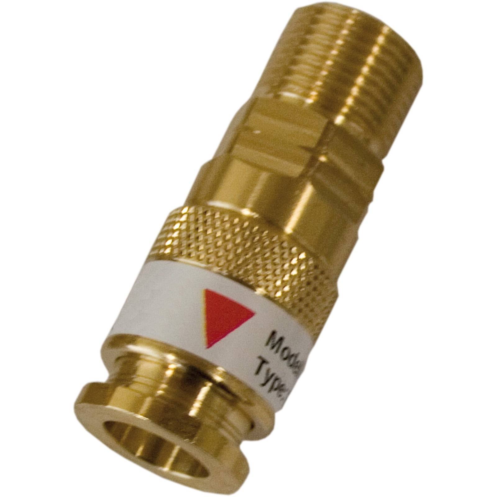Ein Messingverbinder mit strukturierter Griffoberfläche und Gewindeenden, versehen mit einem weißen Etikett mit einem roten Dreieck und teilweise sichtbarem Text 'Model Type'.