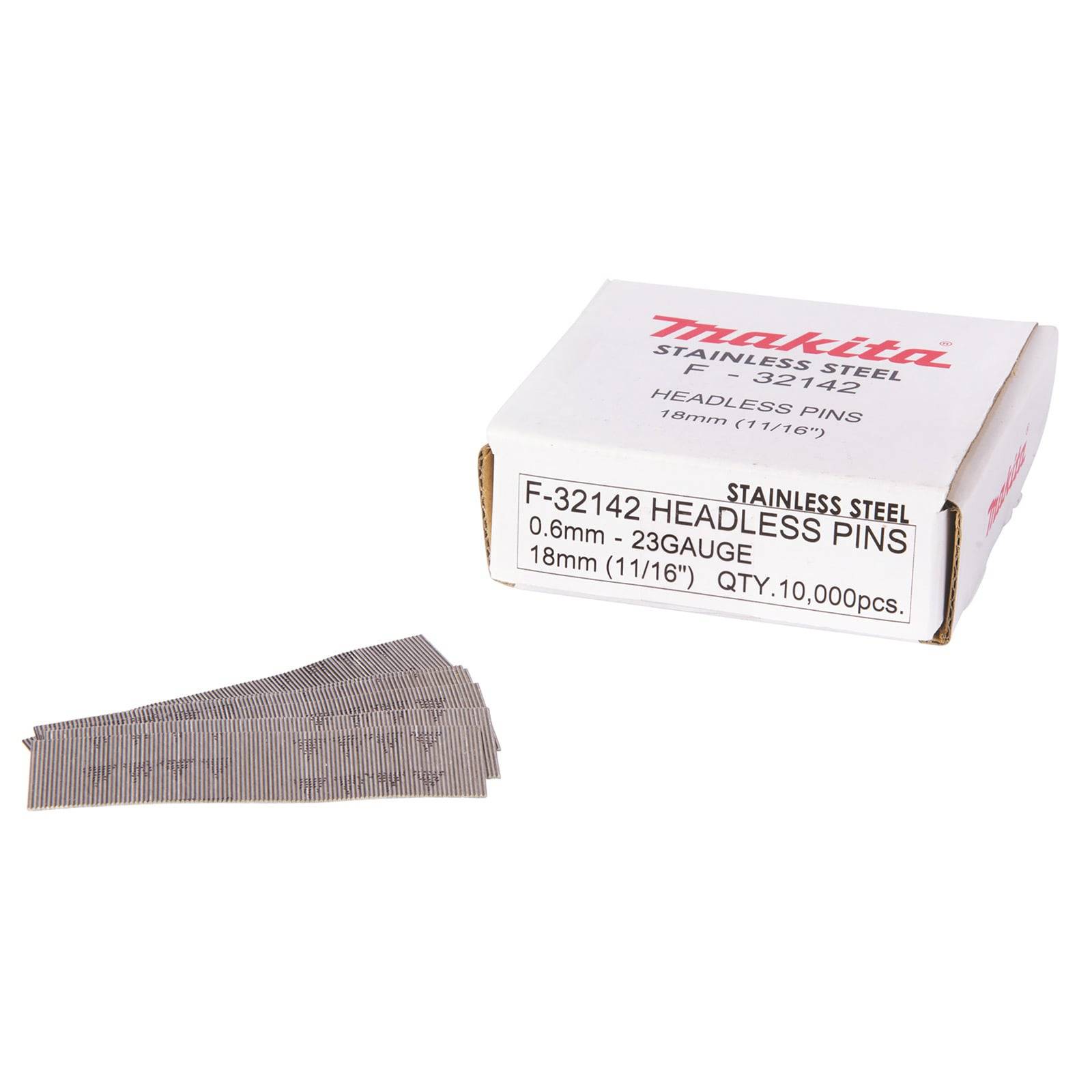 Schachtel mit Makita-Markennägeln aus Edelstahl ohne Kopf, 0,6 mm, 23er Gauge, 18 mm (11/16 Zoll), mit 10.000 Stück. Nägel sind fächerförmig angeordnet.