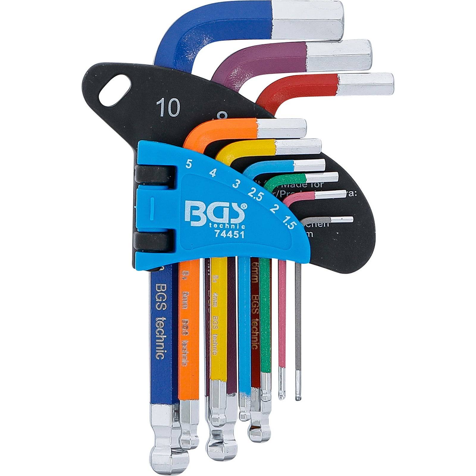 Ein Satz mehrfarbiger Sechskantschlüssel, die mit Größenangaben beschriftet und auf einem schwarzen Halter montiert sind.