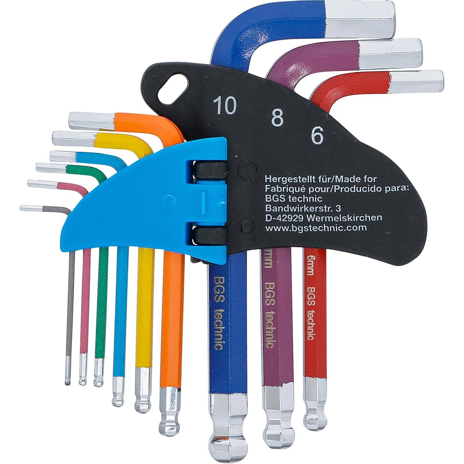 Ein Satz bunter Sechskantschlüssel in verschiedenen Größen, in einem Halter organisiert. Jeder Schlüssel ist mit seiner Größe beschriftet, um eine einfache Identifikation zu ermöglichen.