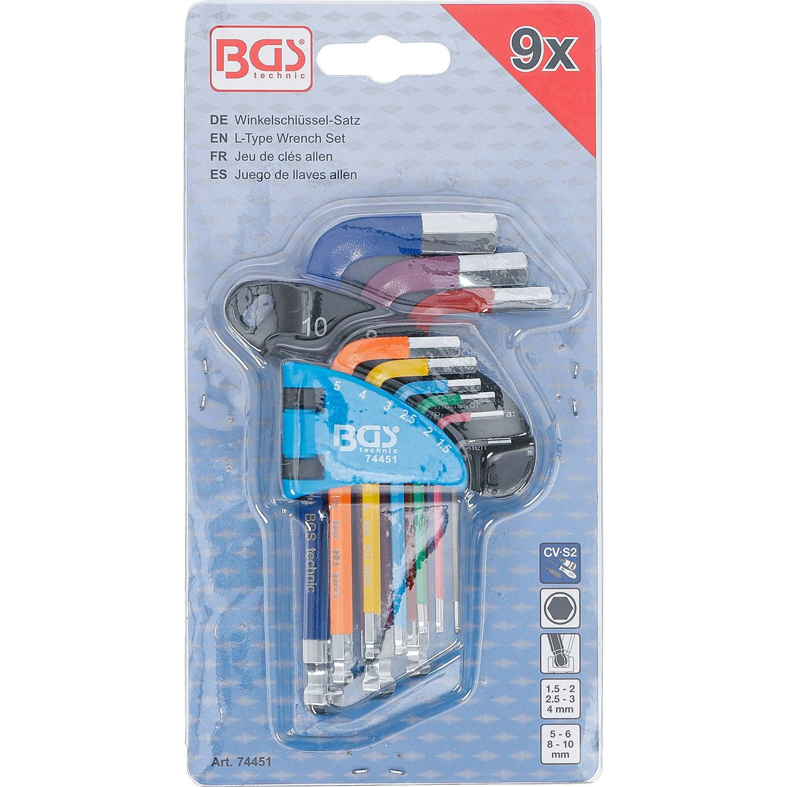 BGS Technic 9-teiliger L-Schraubendrehersatz in einer transparenten Verpackung mit verschiedenen Schlüsselgrößen und sichtbaren Farben.