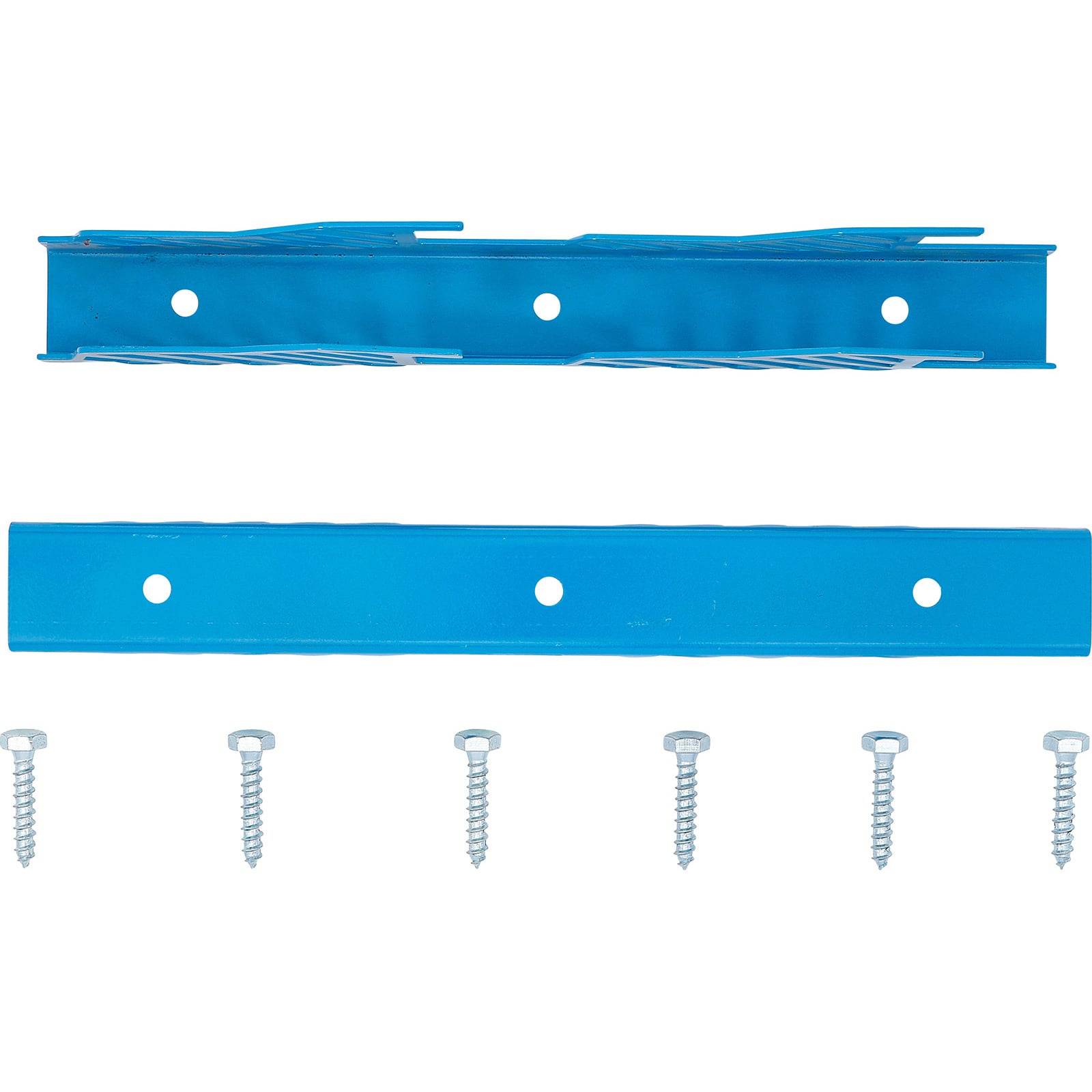 Zwei blaue Metallhalterungen mit je drei Löchern sind vertikal ausgerichtet. Sechs Schrauben sind horizontal unter den Halterungen platziert.