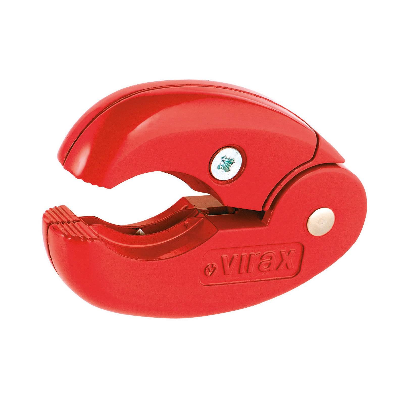 Ein roter Rohrabschneider mit einem abgerundeten Griff, in offener Position, der das Schneidrad und den Griffbereich zeigt.