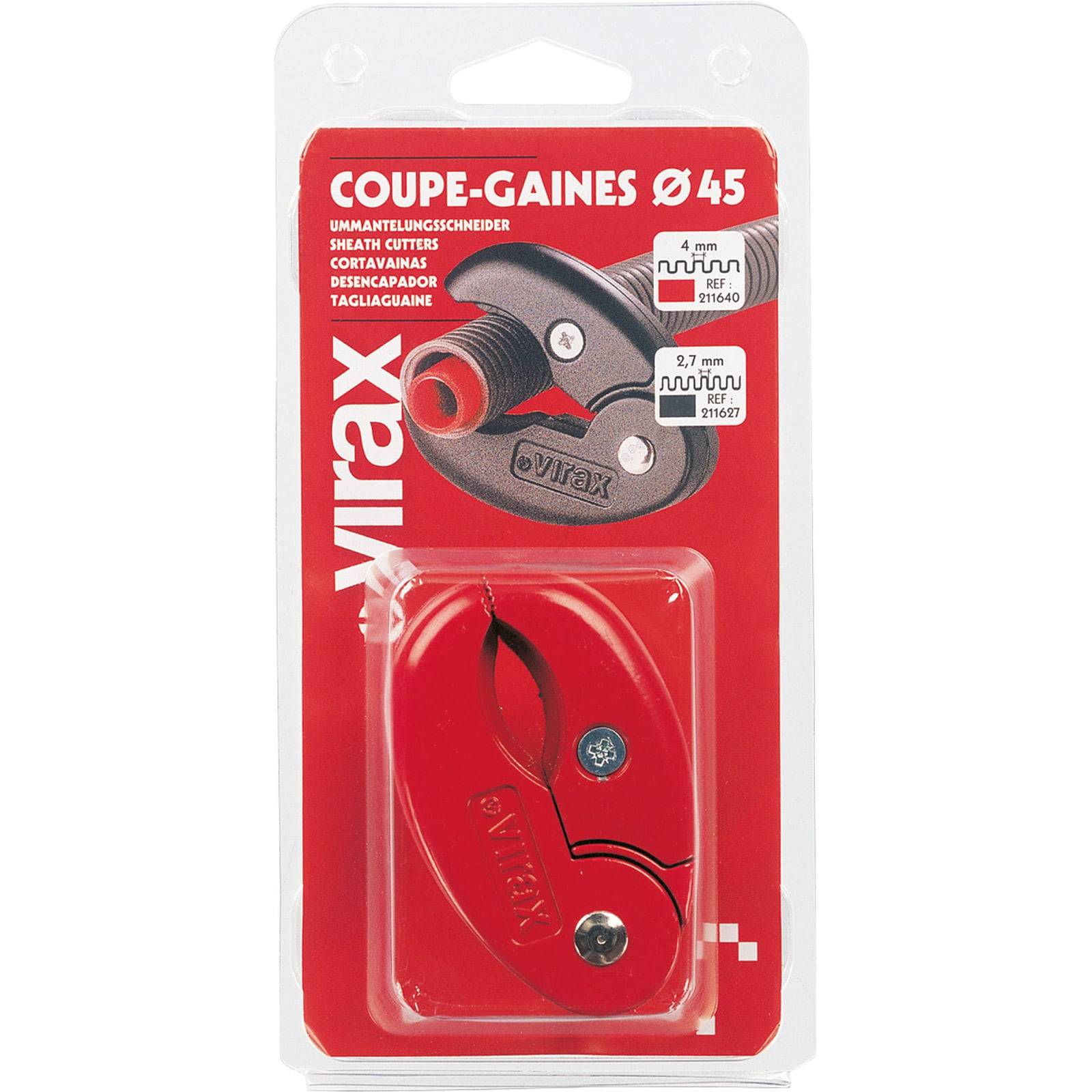 Rote 'Virax' Scheidenabschneider-Verpackung mit sichtbarem Werkzeug. Beschriftet für Schnittdurchmesser von 4-7 mm.