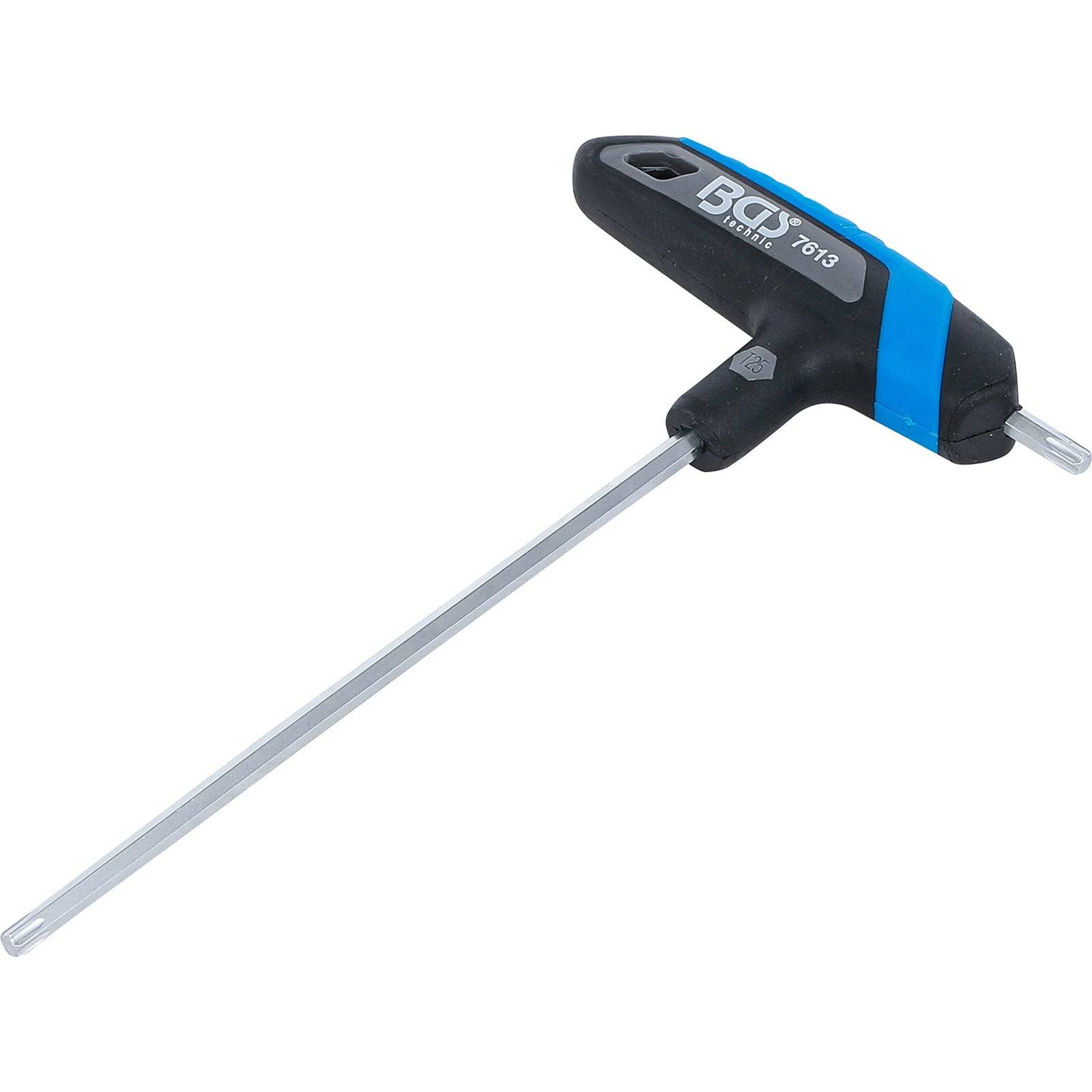 Ein T-Griff-Inbusschlüssel mit langem Metallschaft und ergonomischem Griff in Schwarz und Blau, geeignet zum Anziehen oder Lockern von Sechskantschrauben.