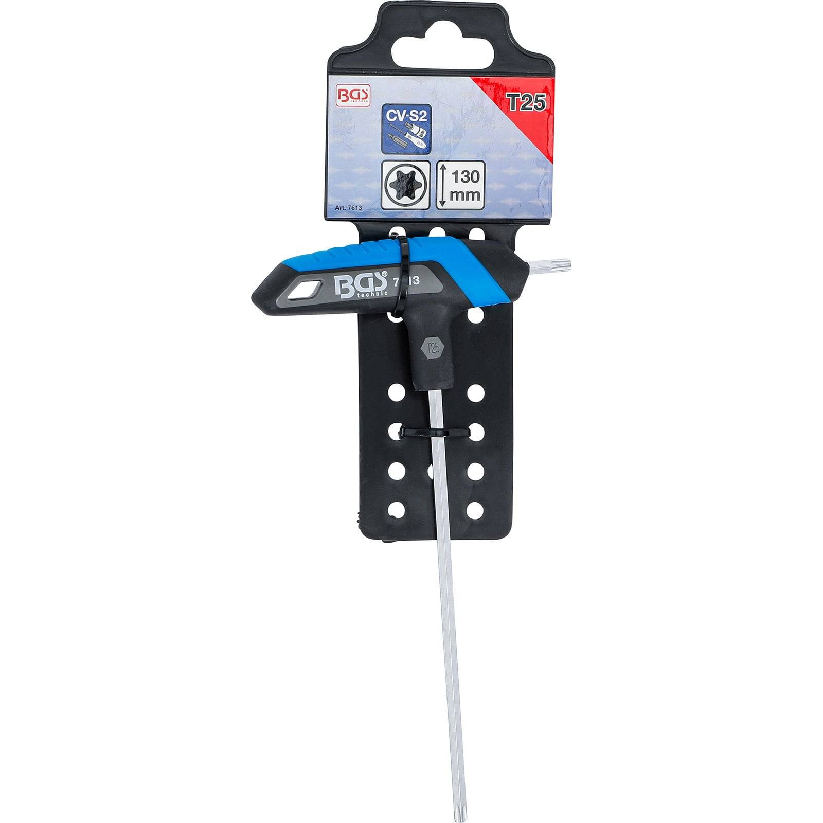 T25 Torx-Schlüssel mit T-Griff von BGS, auf schwarzer Verpackung mit Marken- und Größenangaben; Metallspitze, Kunststoffgriff.