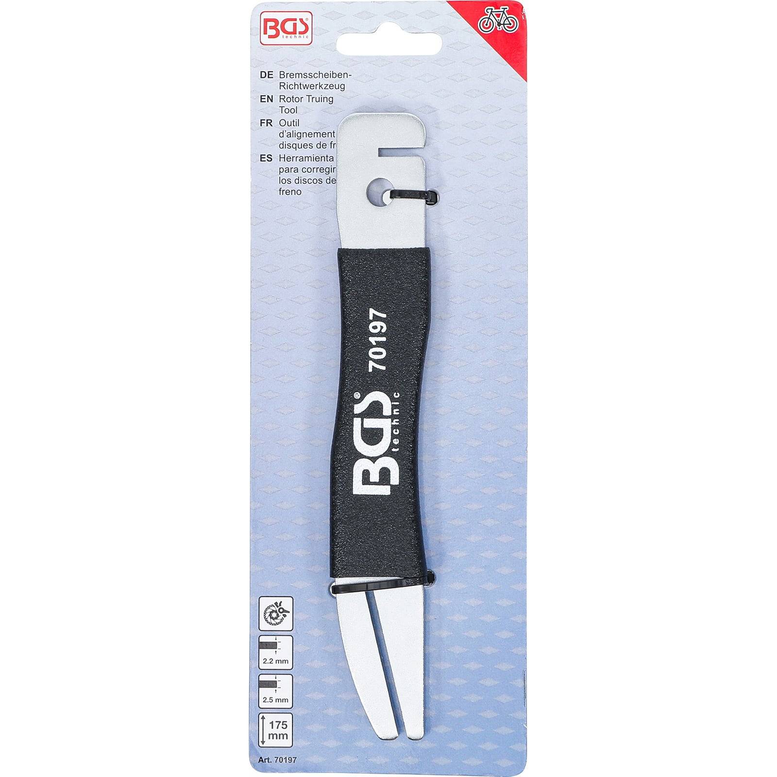 Bremsscheibenzentrierwerkzeug mit schwarzem Griff. Entwickelt zur Einstellung von Bremsscheiben. Länge: 175 mm. Marke: BGS. Geeignet für Radsport.