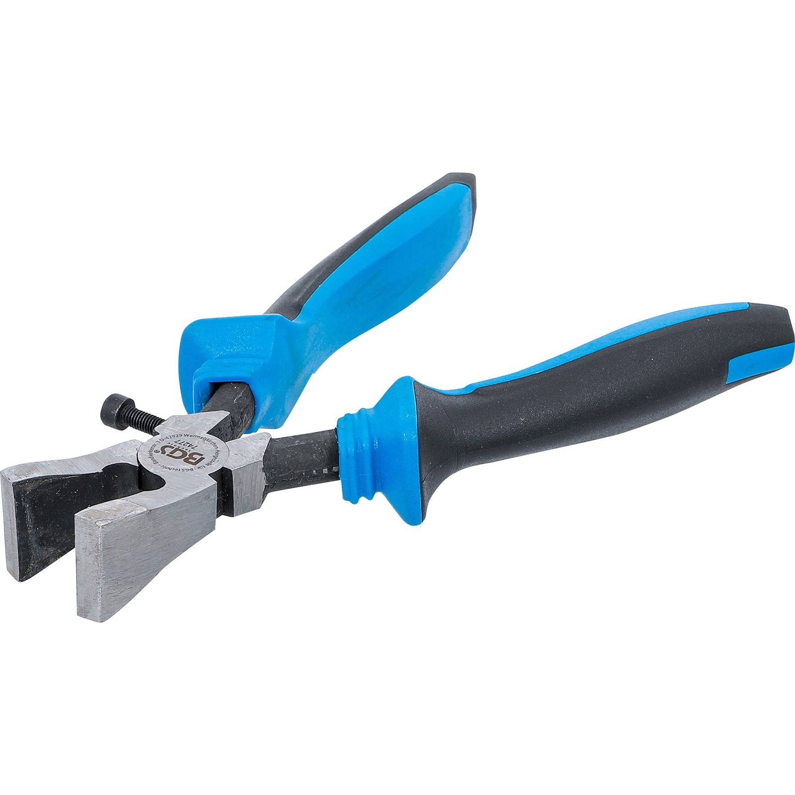 Ein Paar Zangen mit blau-schwarzen Griffen, mit einem metallischen, flachen Kopf, der zum Greifen und Drehen von Objekten entwickelt wurde.