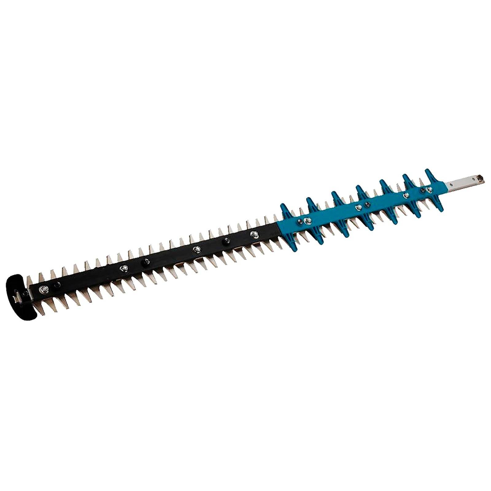 Eine Heckenscherenmesser-Anbauvorrichtung mit scharfen, abwechselnd angeordneten Zähnen, horizontal ausgerichtet.