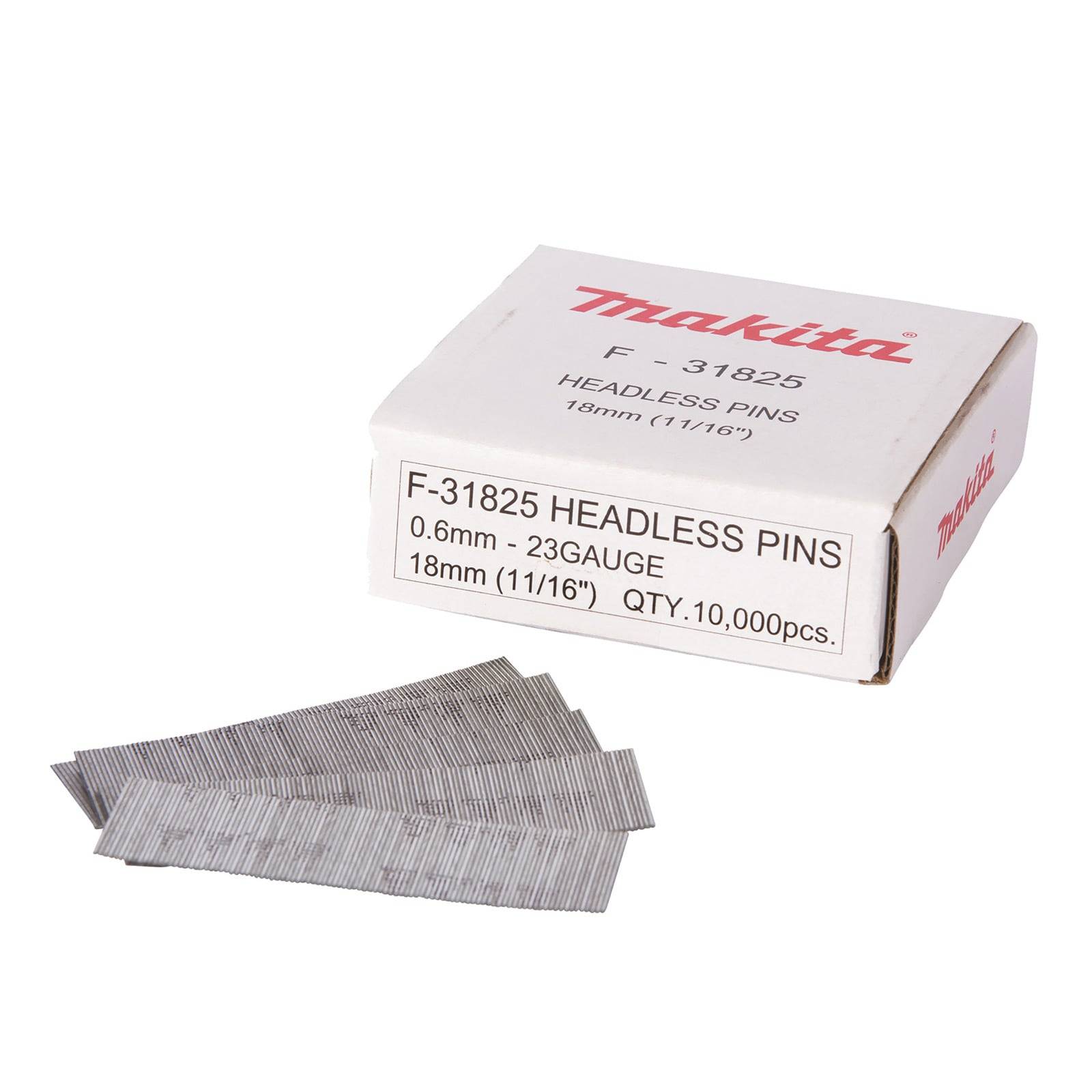 Makita F-31825 Kopflose Stifte, 0,6 mm, 23 Gauge, 18 mm (11/16 Zoll), Menge: 10.000 Stück. Schachtel und Stifte abgebildet.