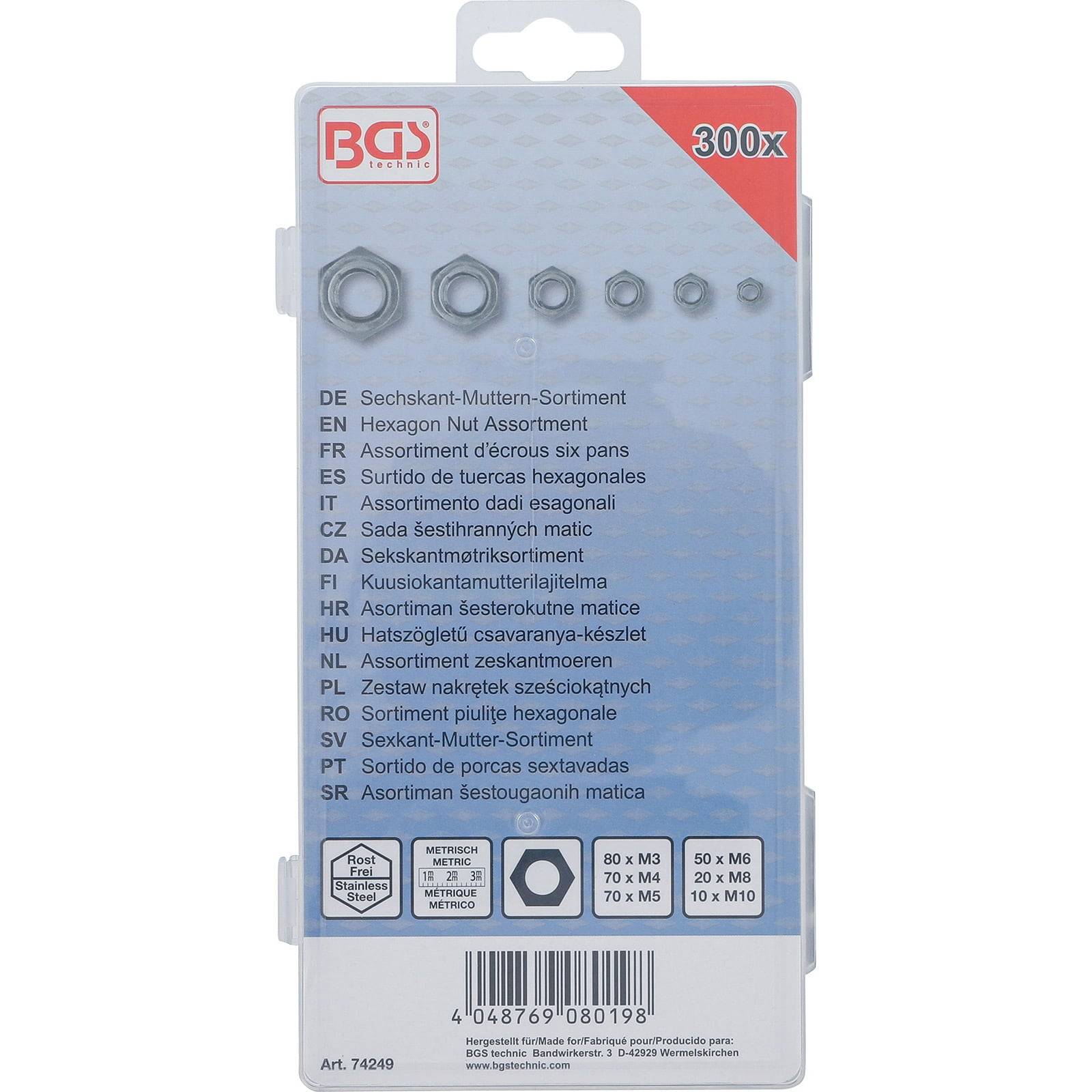 BGS Sechskant-Muttern-Sortiment Edelstahl 300tlg. - 74249