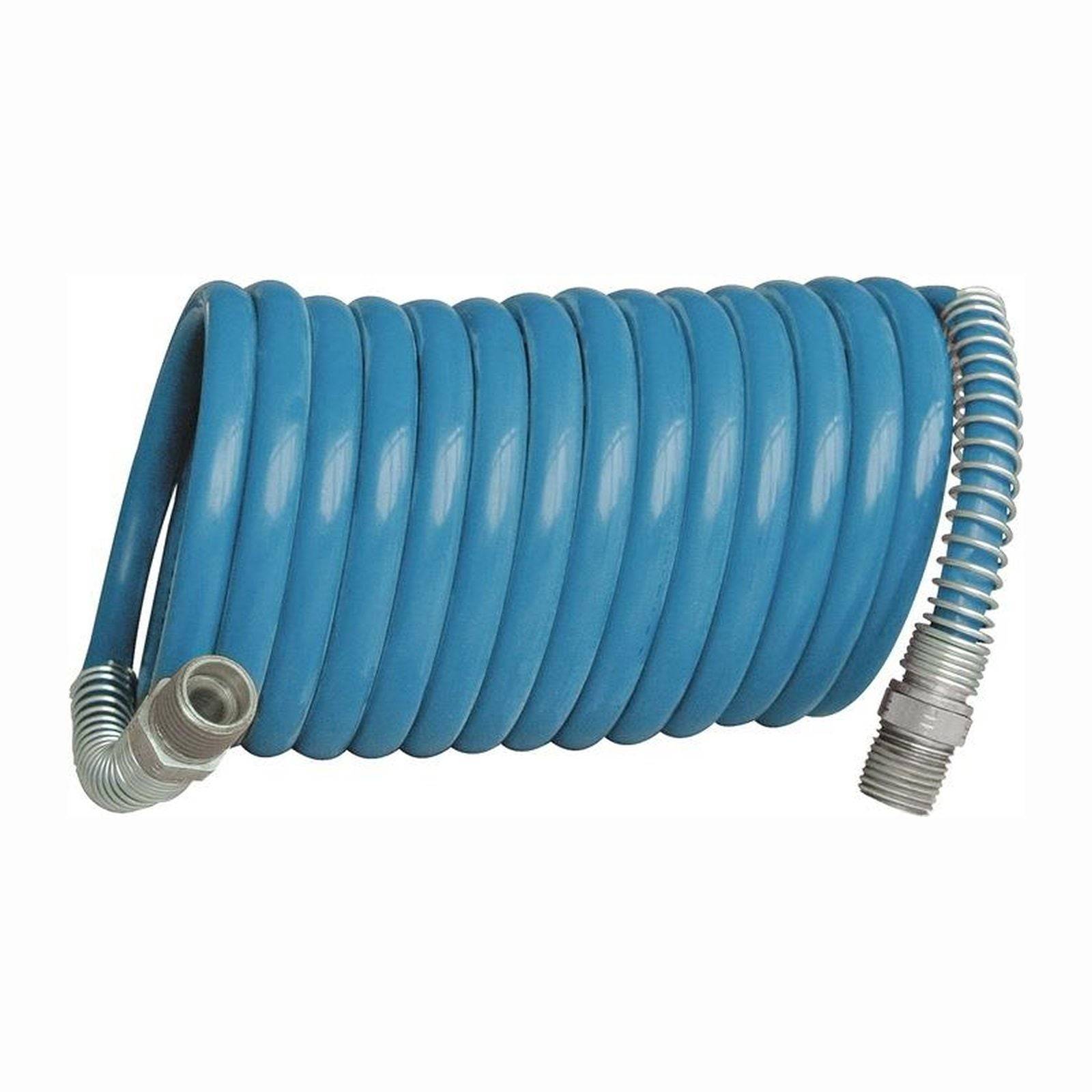 Ein aufgerollter blauer Schlauch mit Metallanschlüssen an beiden Enden, der typischerweise für den Transport von Luft oder Wasser in verschiedenen industriellen oder häuslichen Umgebungen verwendet wird.