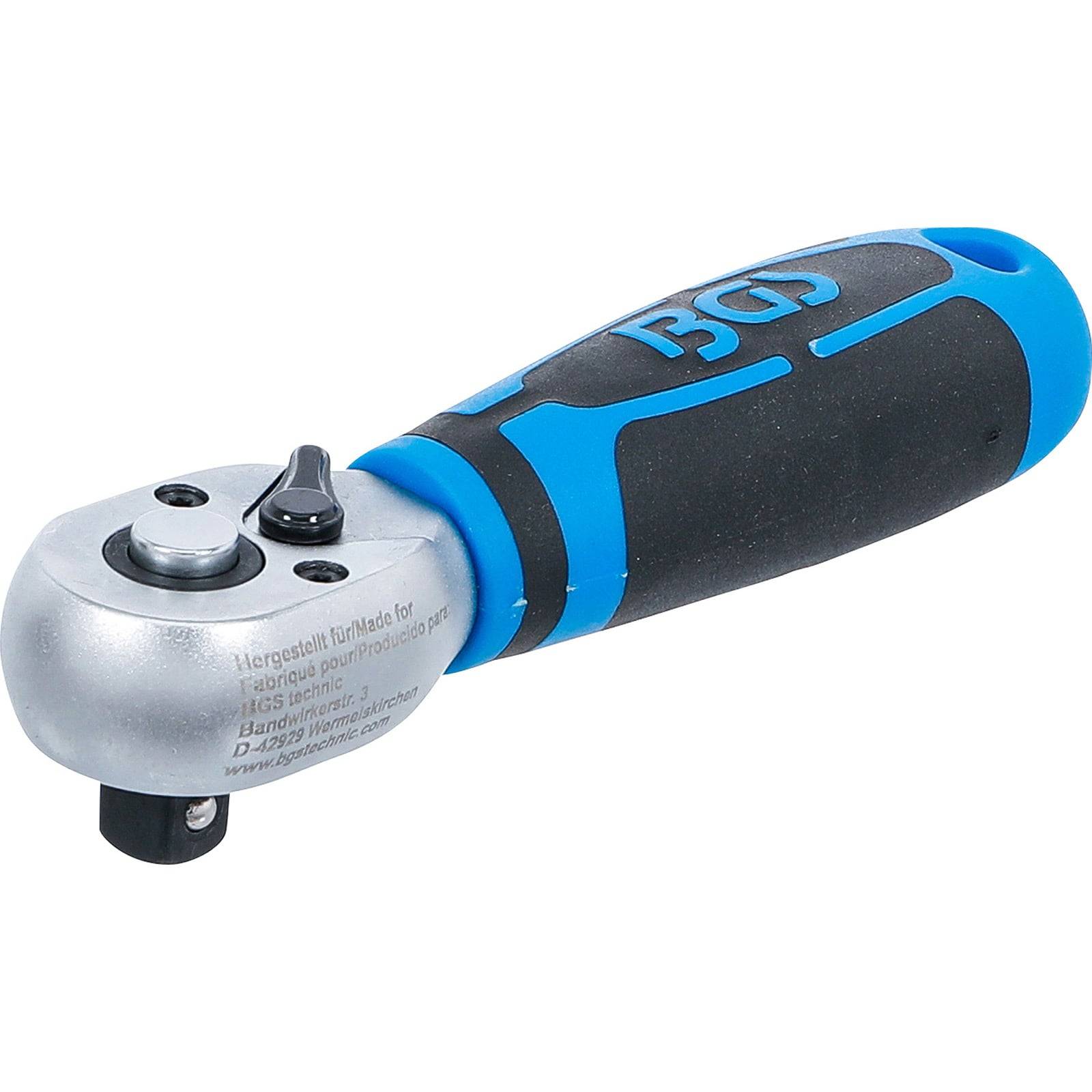 Ein blauer und schwarzer Ratschenschlüssel mit einem gepolsterten Griff, ausgestattet mit einem Hebel zum Richtungswechsel. Der Markenname ist auf dem Griff sichtbar.