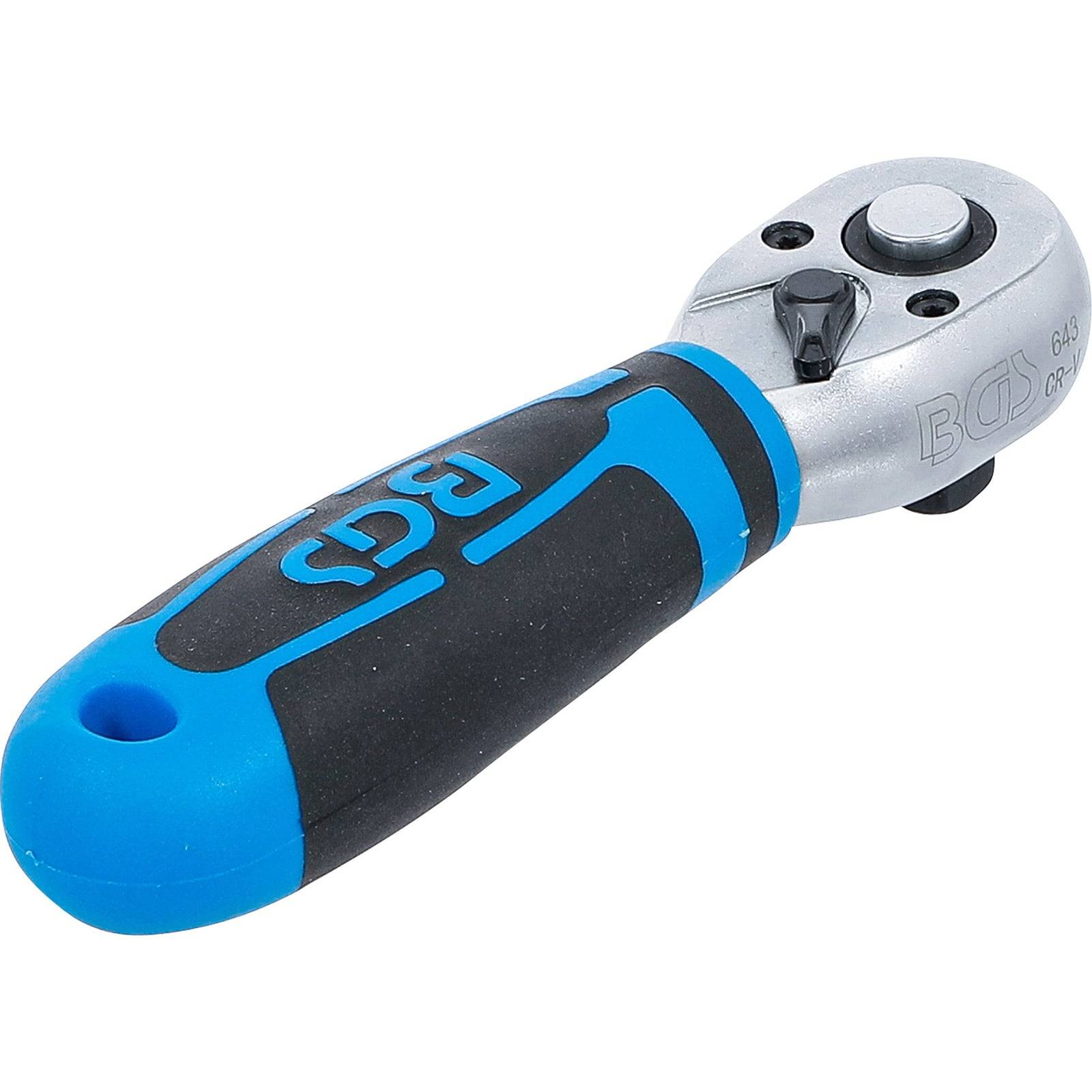 Ein blauer und schwarzer Ratschenschlüssel mit einem Metallkopf, verwendet zum Drehen von Schrauben oder Muttern. Mit 'BGS' markiert und ausgestattet mit einem strukturierten Griffbereich.