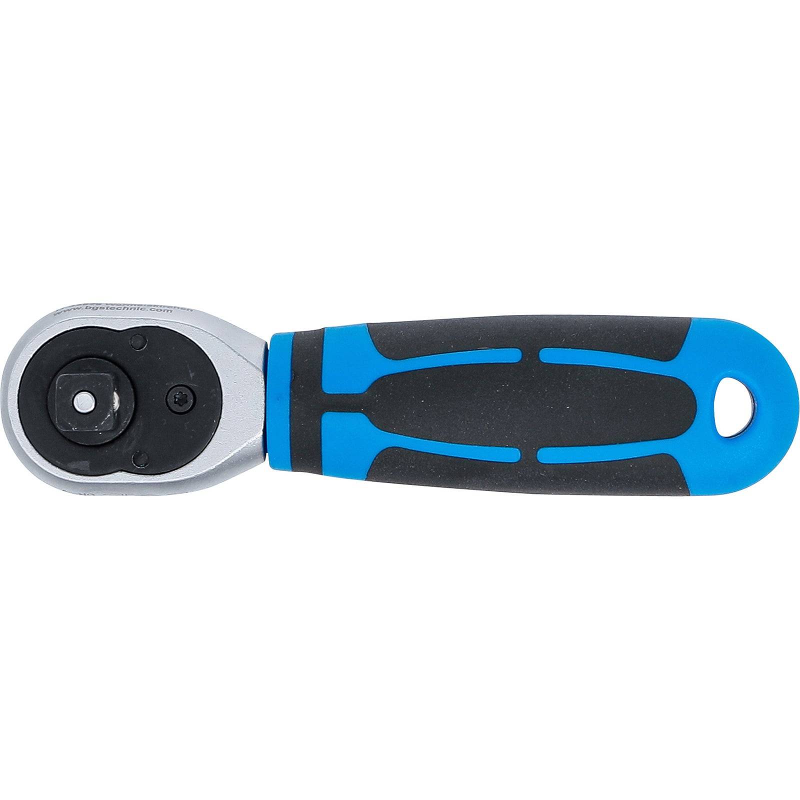 Blauer und schwarzer Ratschenschlüssel mit ergonomischem Griff, entwickelt für einfaches Festhalten. Geeignet zum Anziehen oder Lösen von Schrauben und Bolzen.