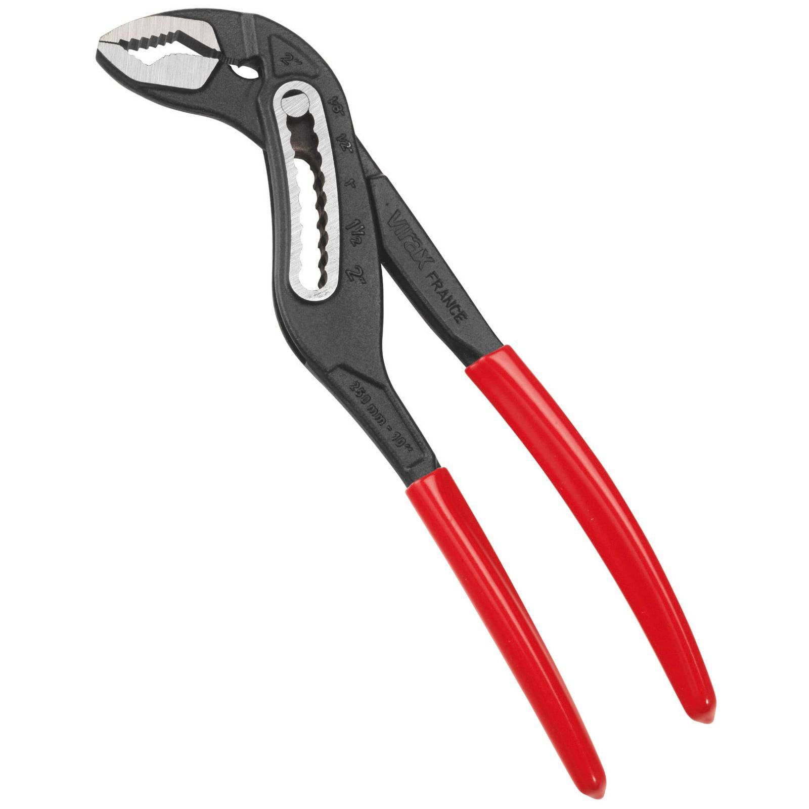 Verstellbare Zange mit roten Griffen und schwarzem Gehäuse, entwickelt zum Greifen und Drehen von Objekten, vor einem einfarbigen Hintergrund abgebildet.