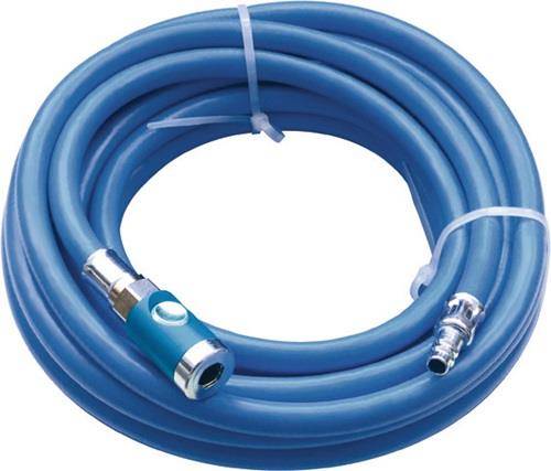 Ein aufgewickelter blauer Luftschlauch mit Metallverbindern und einem Kunststoffband, das ihn zusammenhält.