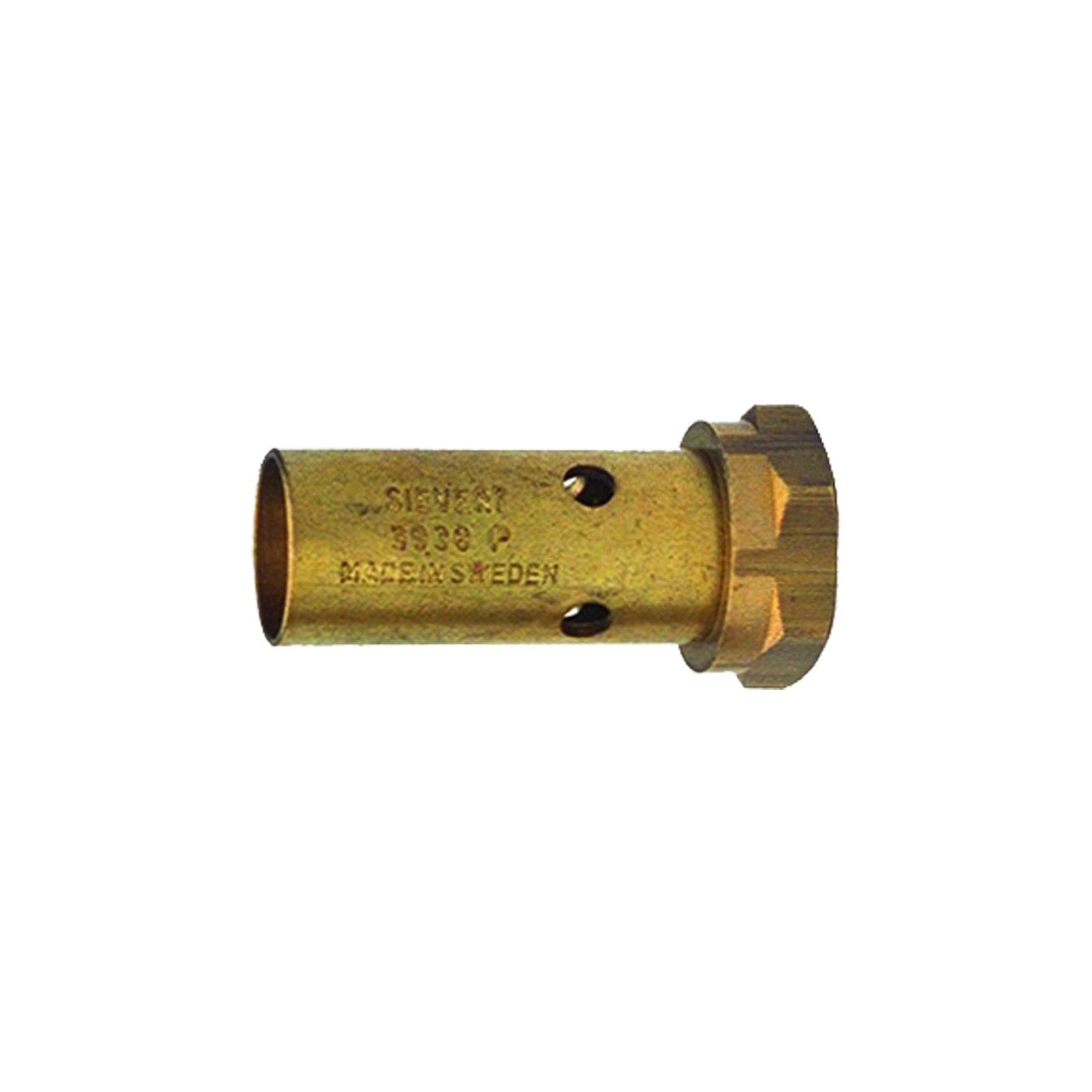 Eine messingfarbene Düse mit Gewinde und Löchern, beschriftet mit 'Sievert 3933 P, Made in Sweden', wird zur Steuerung des Gasflusses verwendet.