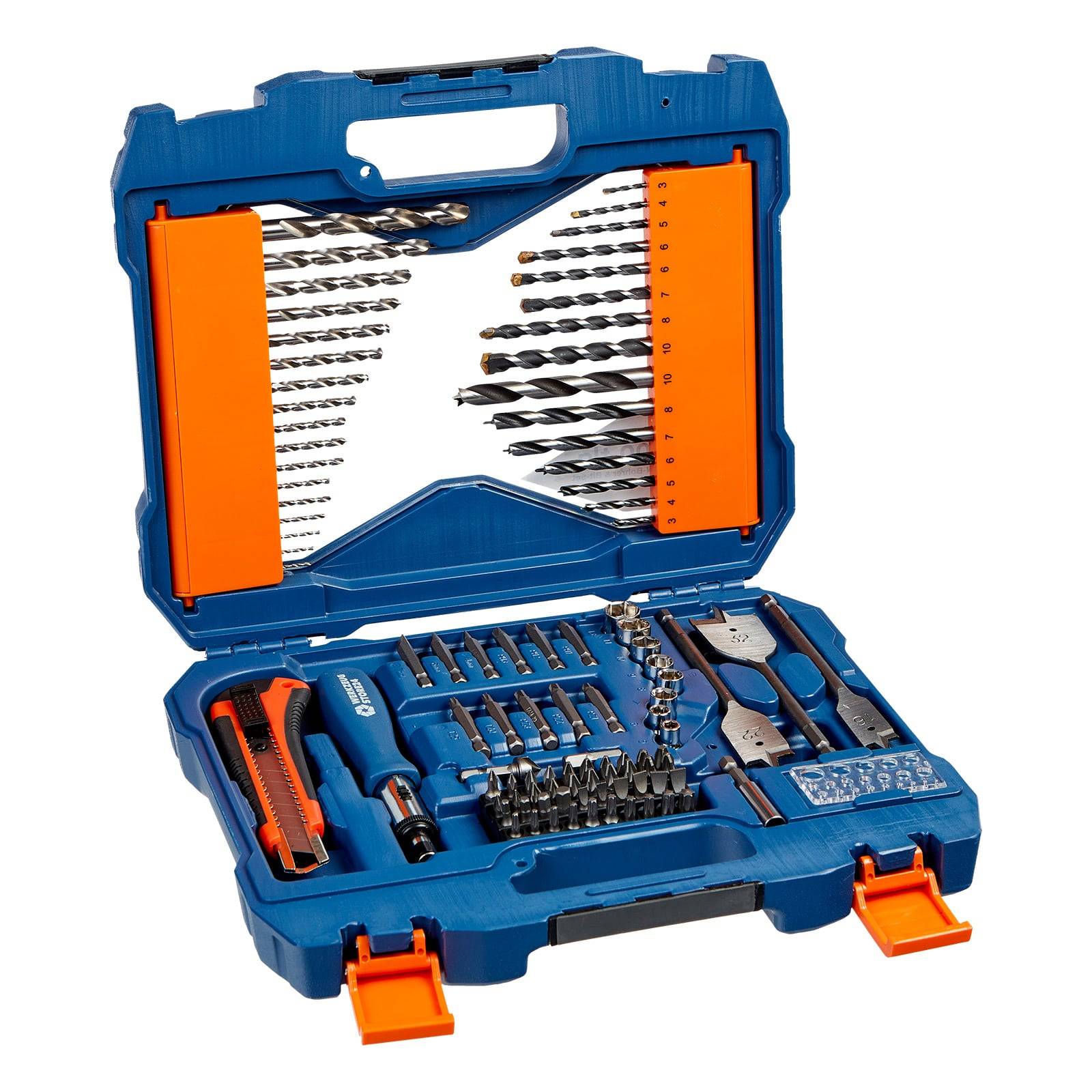 Ein blau-orangefarbenes Bohrbitset in einer Kunststoffbox mit verschiedenen Bohrern und einem Schraubendreher, konzipiert für vielseitige Heimwerker- oder professionelle Anwendungen.