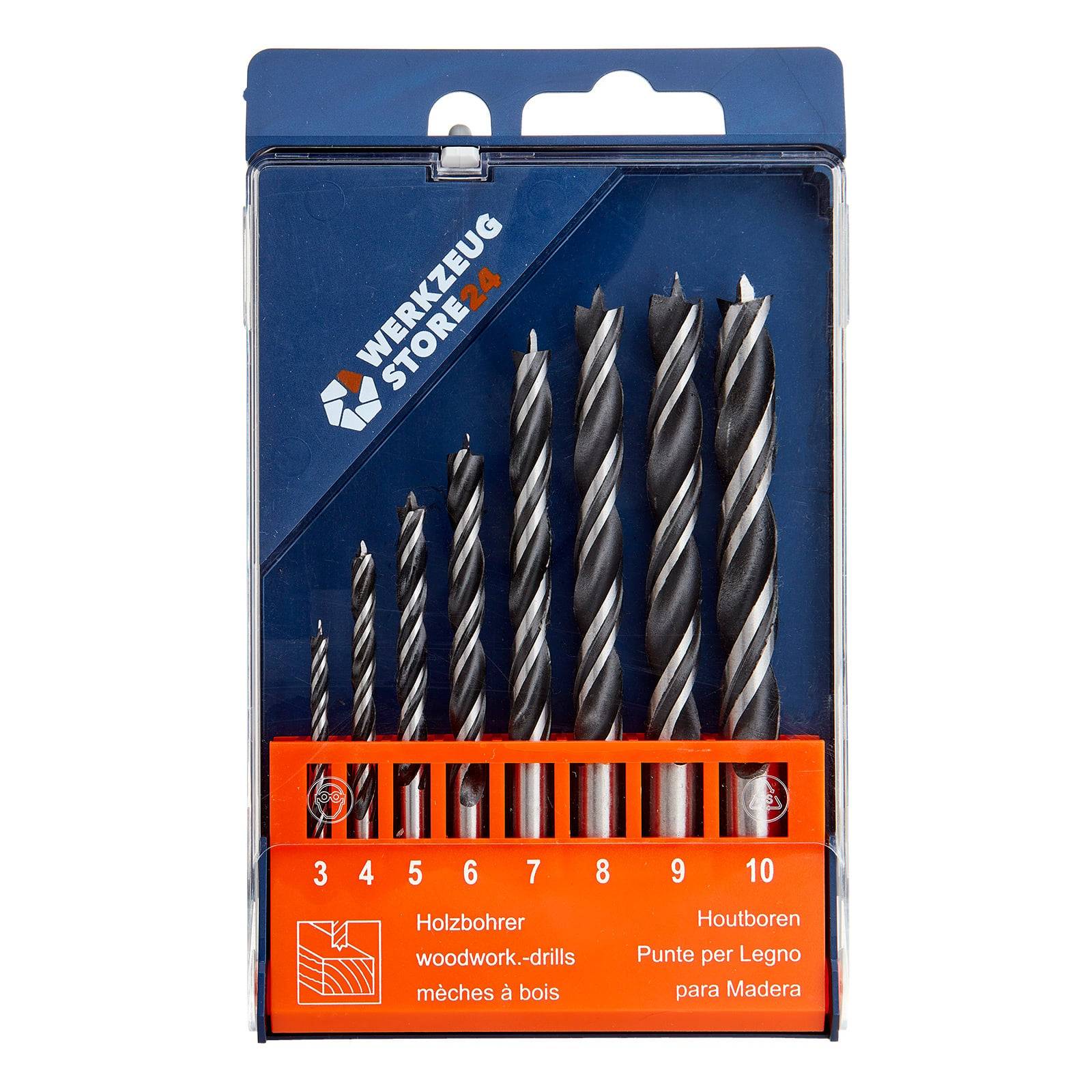 Holzbearbeitungsbohrer, Größen 3 bis 10, in einer Kunststoffbox. In mehreren Sprachen beschriftet, mit einem Markenlogo in der linken oberen Ecke.
