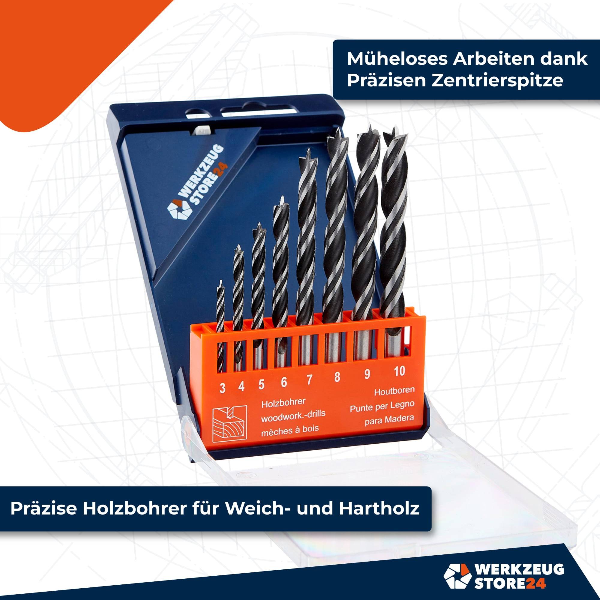 Ein Set Präzisions-Holzbohrer in einer blau-orangefarbenen Etui, mit Größen von 3 bis 10, entwickelt für Weich- und Hartholz.