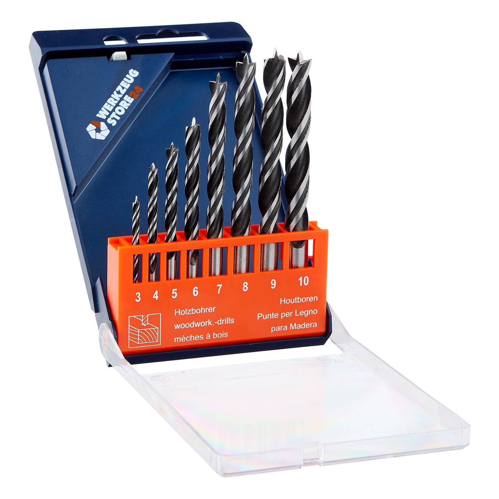 Ein Satz von zehn schwarz-silbernen Holzbohrern in einem beschrifteten Kunststoffhalter, nach Größe von 3 bis 10 sortiert. Das Etui ist geöffnet.
