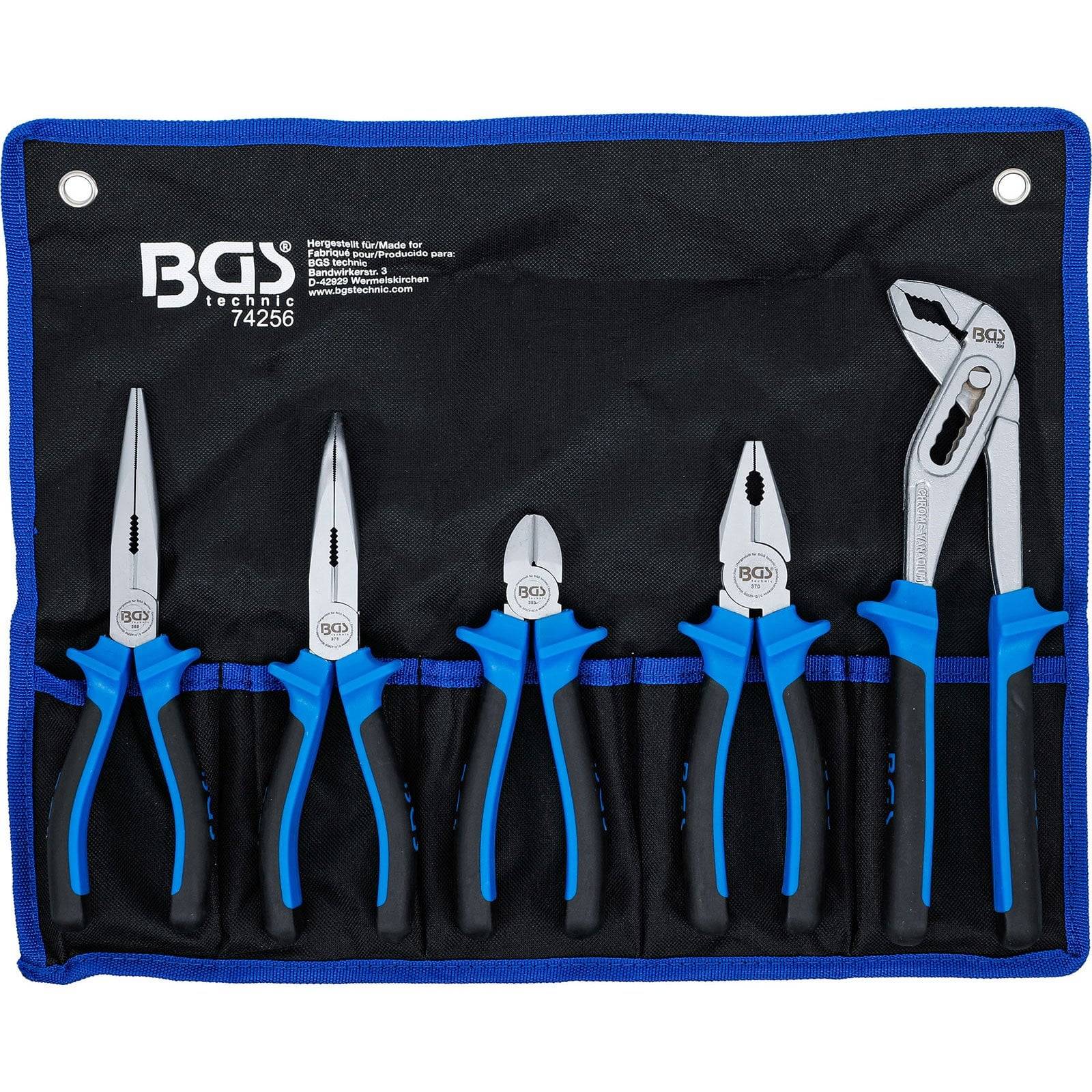 Ein Satz blau-handierter Zangen und Werkzeuge, organisiert in einem schwarzen Stoff-Etui mit Fächern, versehen mit der Marke 'BGS technic'.