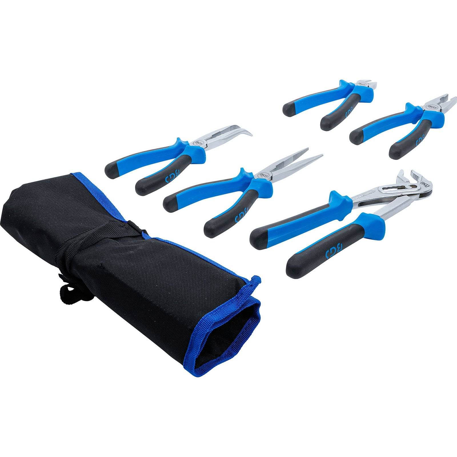 Ein Satz von fünf Zangen mit blauen Griffen und unterschiedlichen Kieferformen neben einer aufgerollten schwarzen und blauen Tragetasche, was auf Mobilität hinweist.