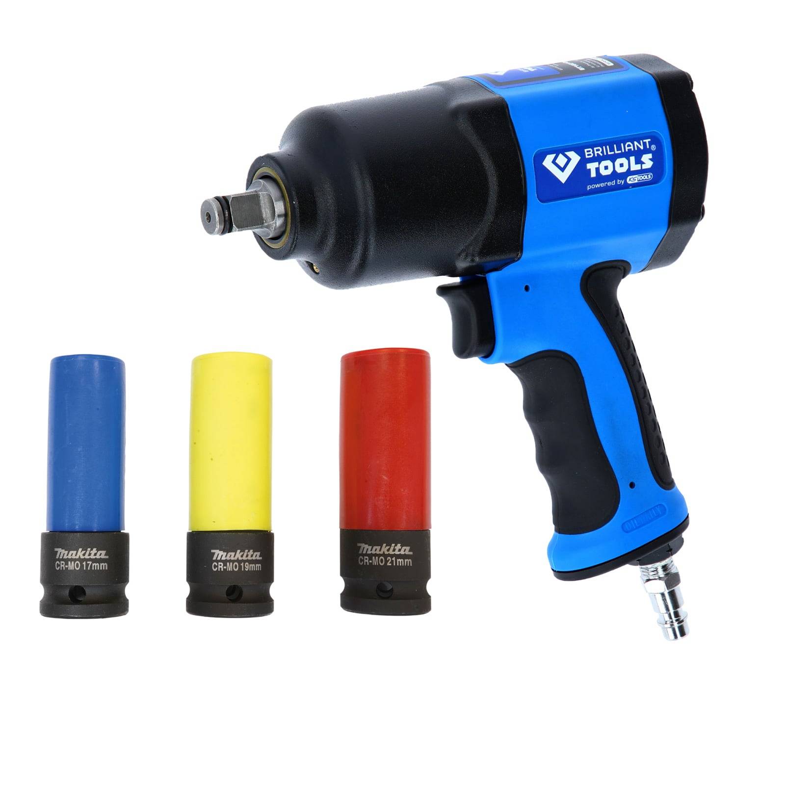 Ein blauer und schwarzer Druckluft-Schlagschrauber neben drei farbigen Steckschlüsseln in Gelb, Rot und Blau, gekennzeichnet mit 'Brilliant Tools'.