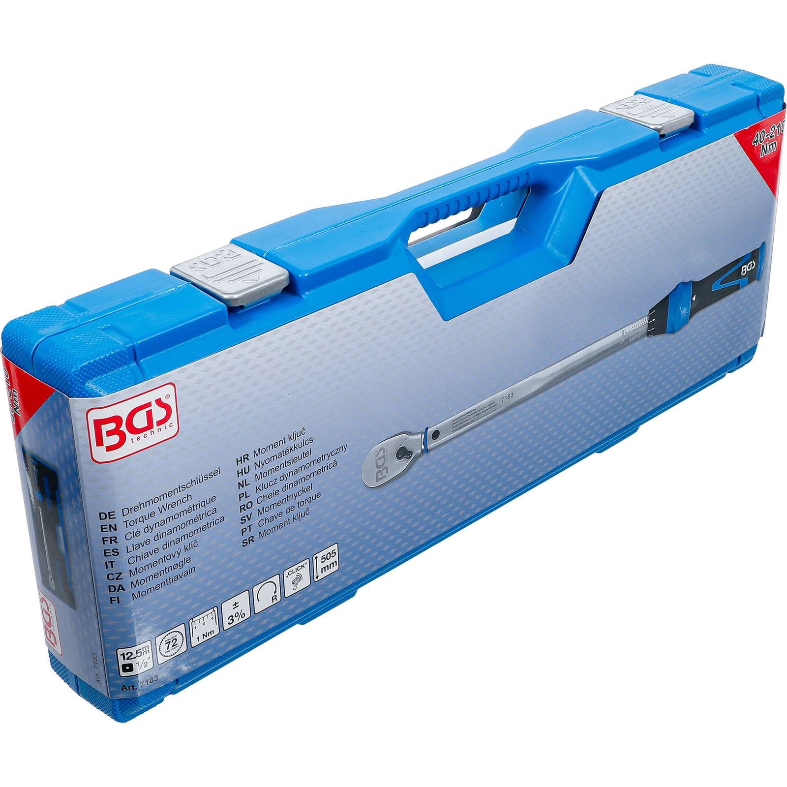 Eine blaue Plastiktragetasche mit einem Bild eines Drehmomentschlüssels an der Seite, versehen mit mehrsprachigen Produktbeschreibungen und Firmenlogo.