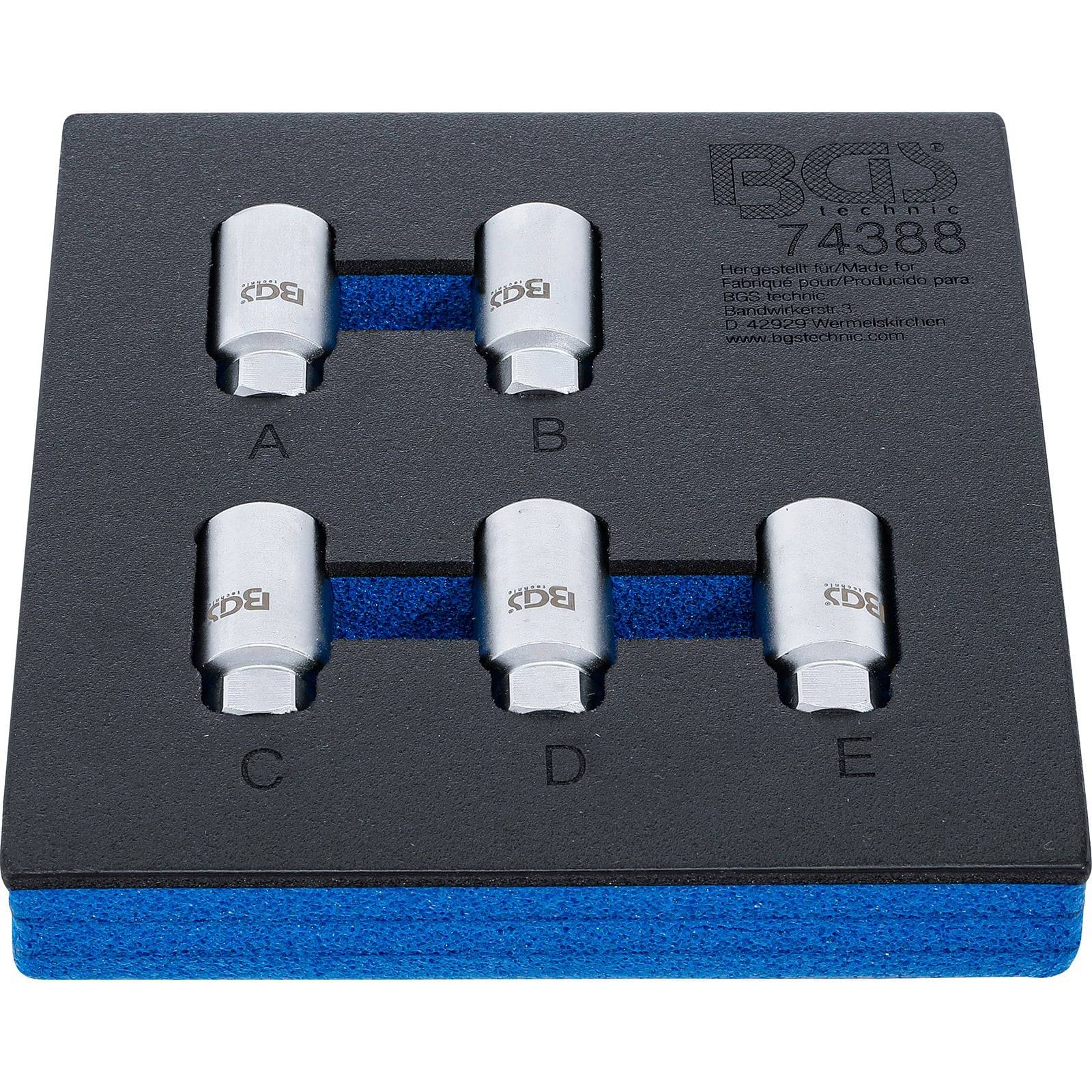 Ein Satz von fünf silbernen magnetischen Zündkerzeneinsätzen, von A bis E beschriftet, auf einem schwarzen Schaumstoffhalter angeordnet, mit dem Markennamen 'BGS' eingraviert.