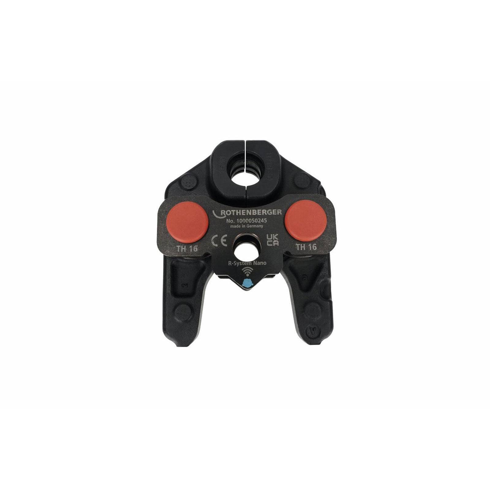 Rothenberger TH16 Crimpbacke, verwendet für Rohranschlüsse, mit schwarzem Gehäuse und roten kreisförmigen Druckpunkten, Modellnummer sichtbar.