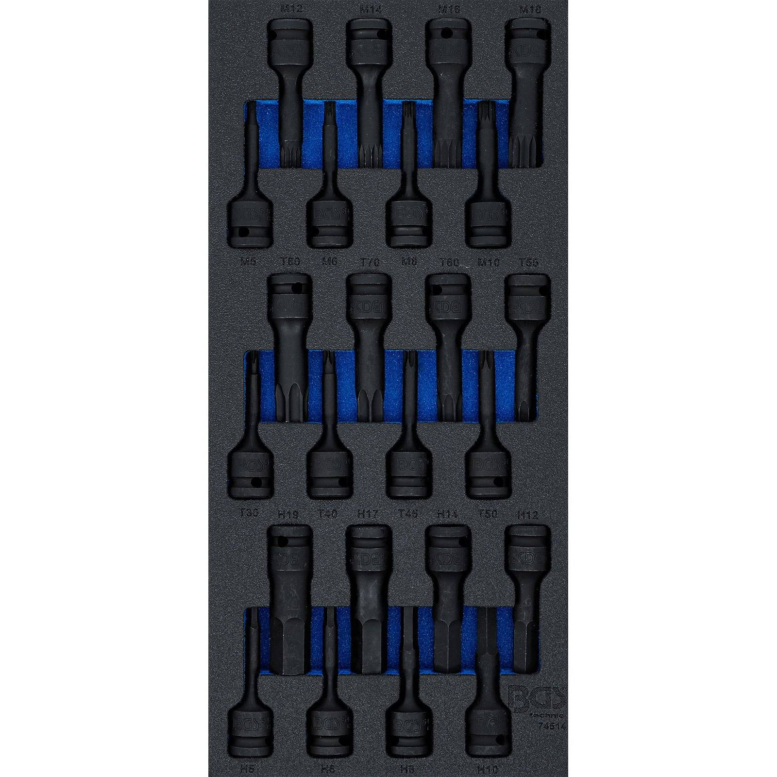Steckschlüsseleinsatz in Schaumstoffeinlage, nach Größe sortiert in einer schwarz-blauen Anordnung.