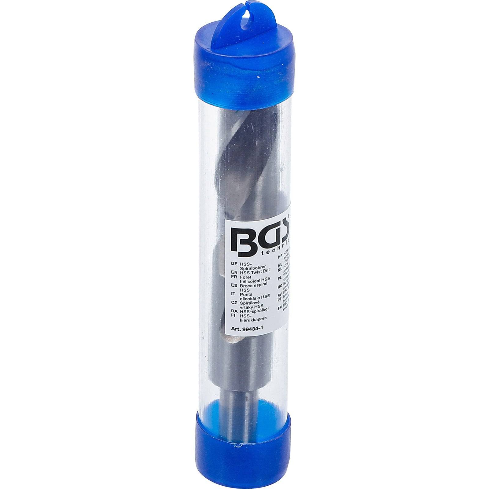 Ein blau gedeckter durchsichtiger Plastikbehälter, der einen Metallbohrer enthält, mit der Beschriftung 'BGS', auf dessen Seite Spezifikationen angegeben sind.