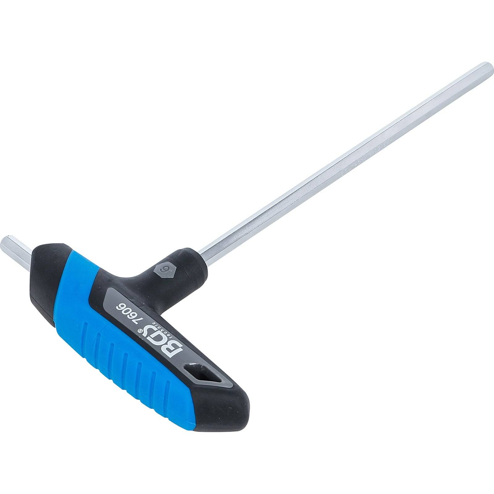 Ein blauer und schwarzer T-Griff-Sechskantschlüssel mit der Beschriftung '8', der zum Anziehen oder Lösen von Sechskantschrauben oder -schrauben entwickelt wurde.