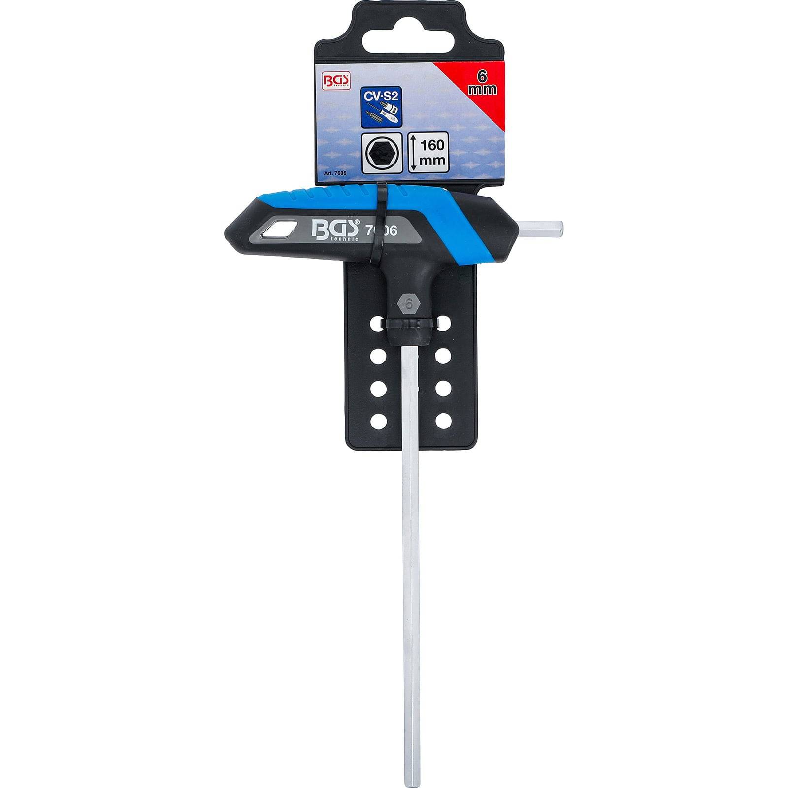 T-Griff Sechskantschlüssel mit 6 mm Größe auf der Verpackung gedruckt, 160 mm Länge. Von BGS Marke, geeignet zum Anziehen und Lösen von Innensechskantschrauben.
