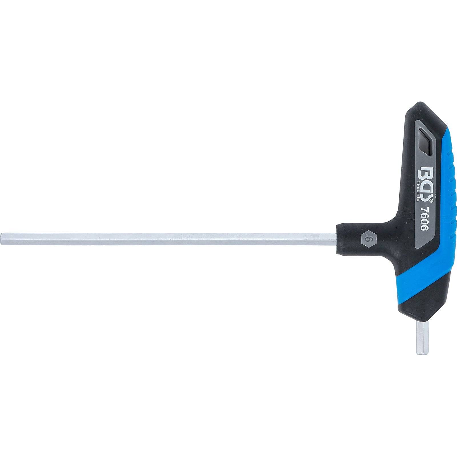 Ein blauer und schwarzer Sechskantschlüssel mit T-Griff, beschriftet mit '5GX 76006', der zum Anziehen oder Lösen von Schrauben und Bolzen entwickelt wurde.