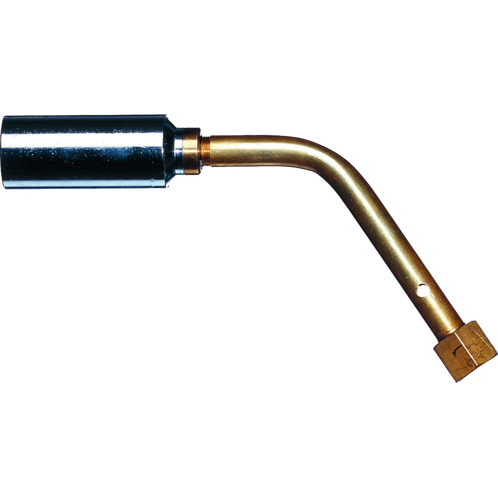 Eine Metallbrennerdüse mit einem gebogenen Messingrohr und einer Silberspitze, die zur gezielten Steuerung einer kontrollierten Flamme für Heiz- oder Schweißarbeiten verwendet wird.