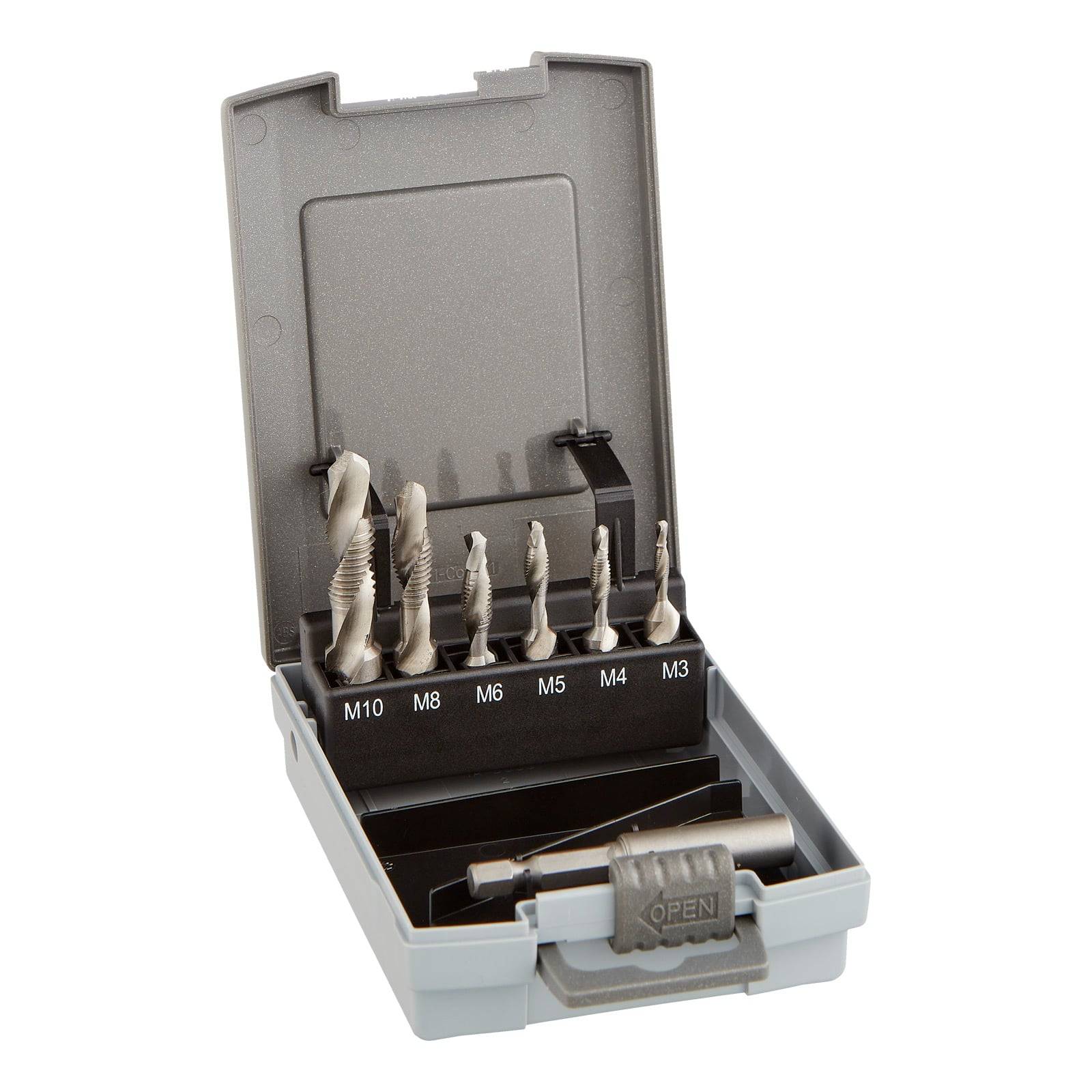 Satz von sechs Metallbohrern in einem grauen Etui, Größen von M3 bis M10 beschriftet, mit einem abnehmbaren Griff, der mit 