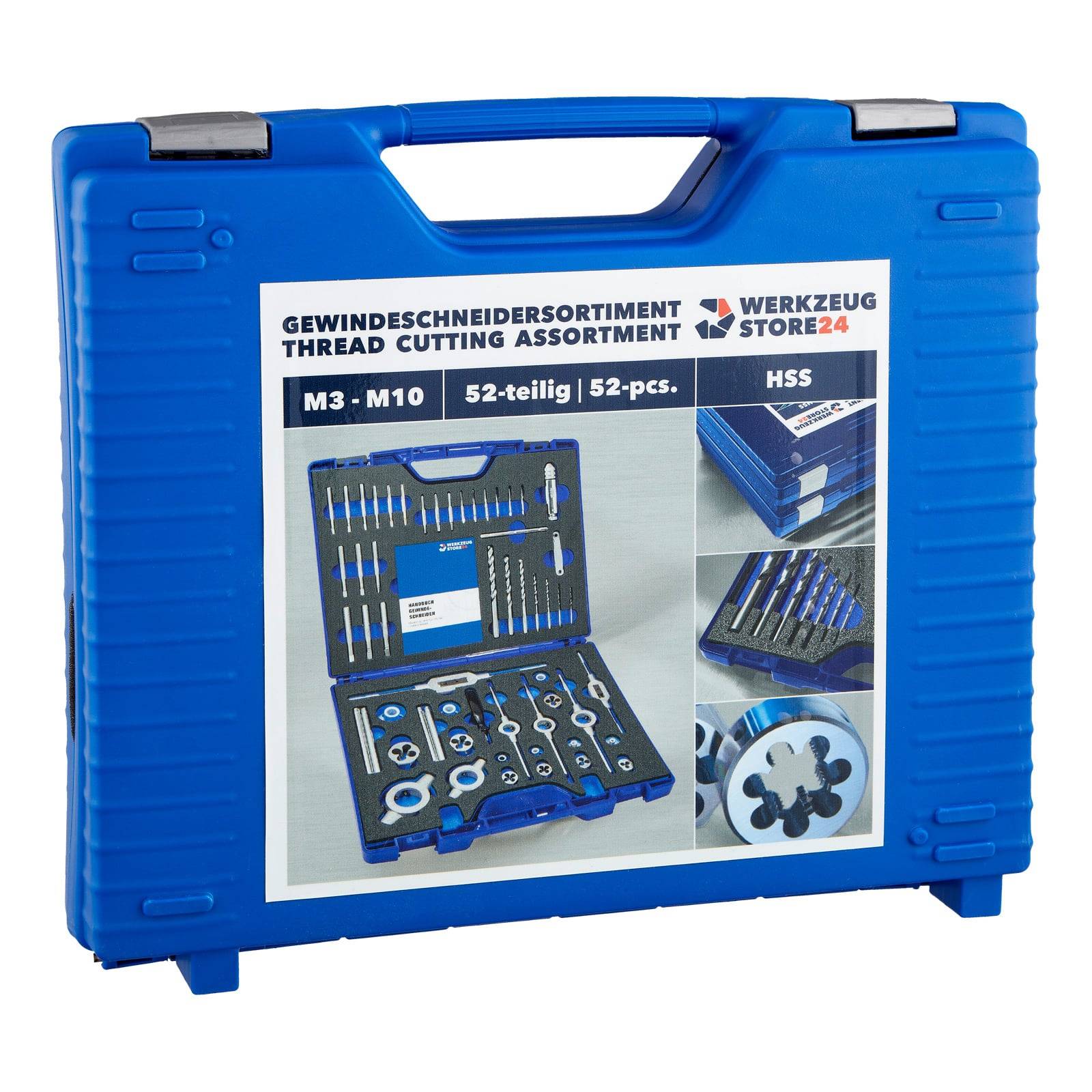 Blauer Kunststoffkoffer mit der Beschriftung 