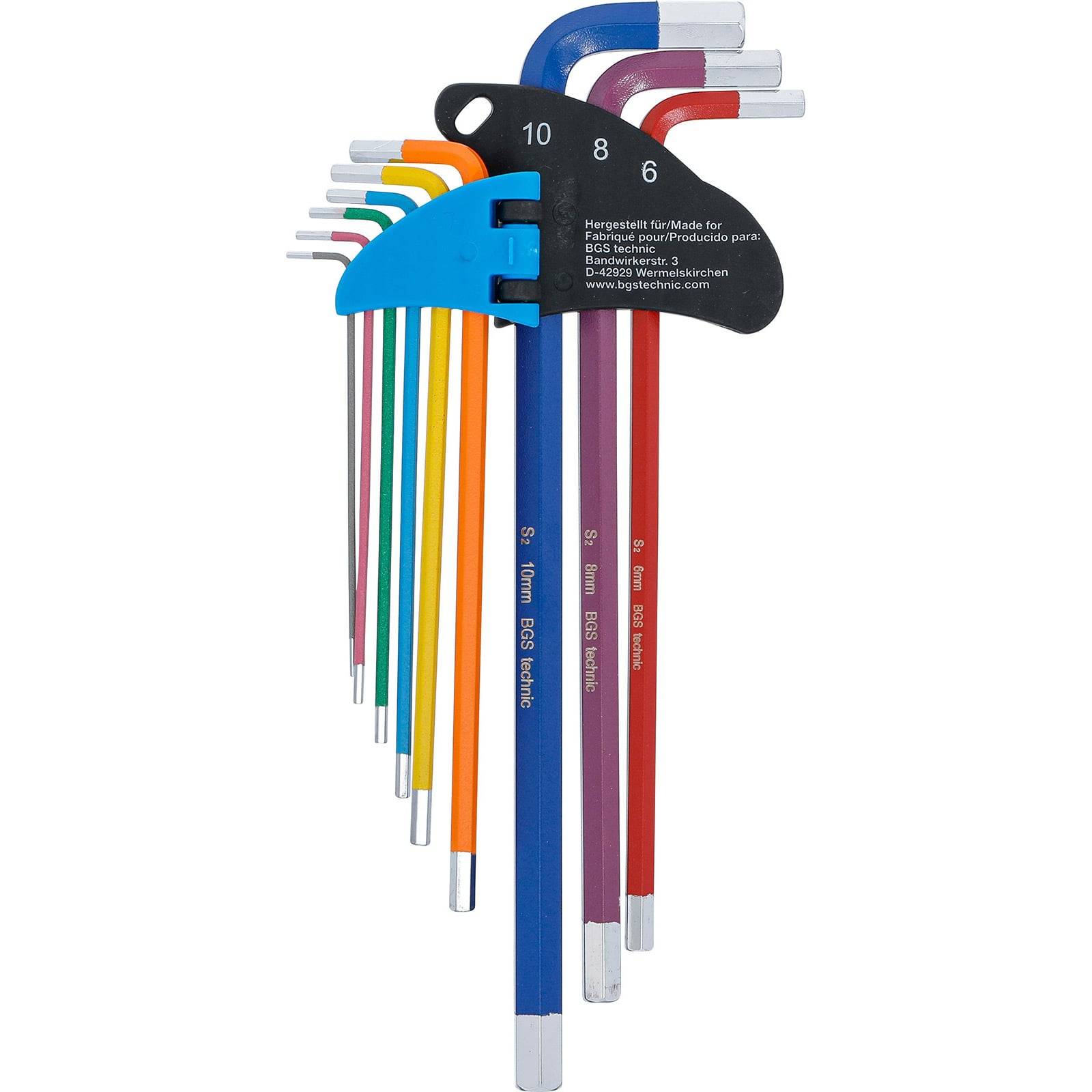 Sechskantschlüssel-Set in verschiedenen Farben, nach Größe auf einem schwarzen Halter mit Größenetiketten von 2 bis 10 mm, verwendet zum Anziehen von Schrauben.