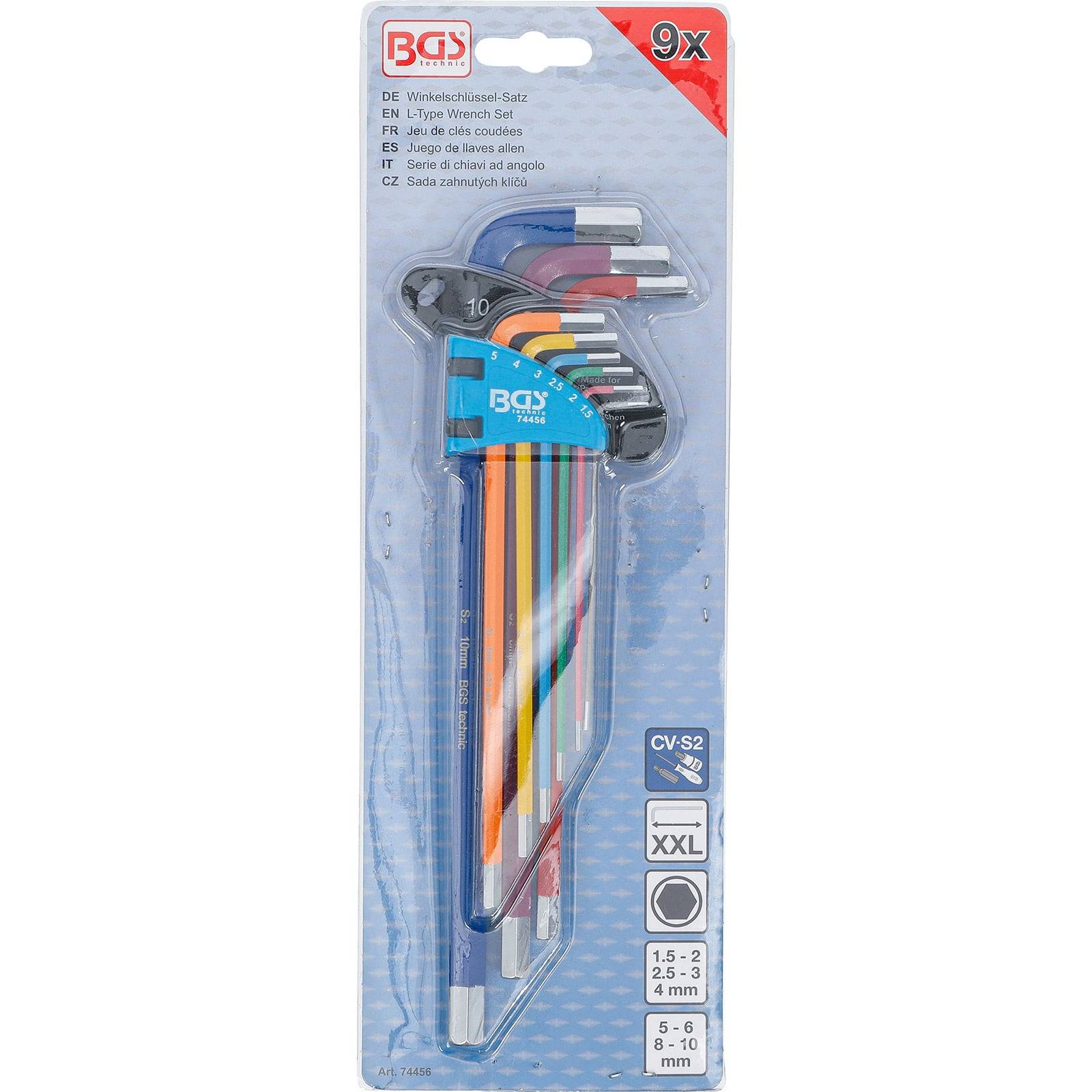 BGS Sechskantschlüssel-Set, 9 farbig auf Blisterverpackung, sechseckige Formen zur Schraubenanpassung, umfasst Größen von 1,5 bis 10 mm.