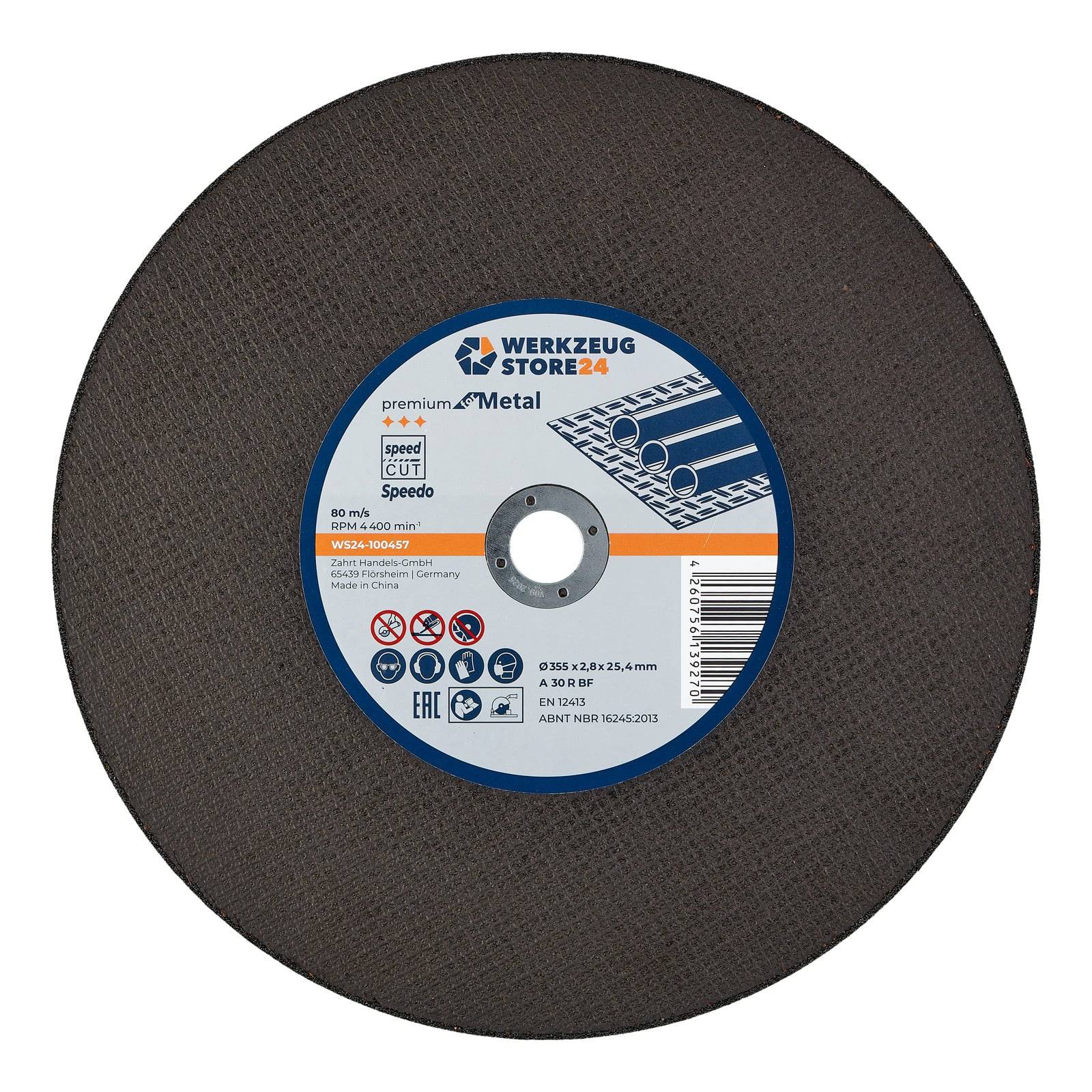 Werkzeug Store 24 Metalltrennscheibe, Premium-Qualität, 80 m/s Geschwindigkeit, 230x2,5x22,23mm, hergestellt in Deutschland, schwarz mit Etikett mit detaillierten Spezifikationen.