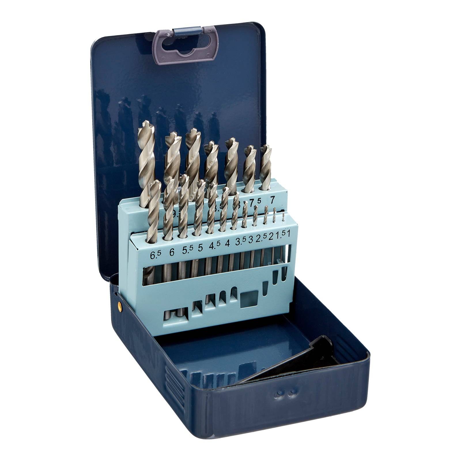Eine blaue Metallbox enthält einen Satz spiralförmiger Bohrer, die nach Größe beschriftet sind und von 1 mm bis 13 mm in aufsteigender Reihenfolge angeordnet sind.