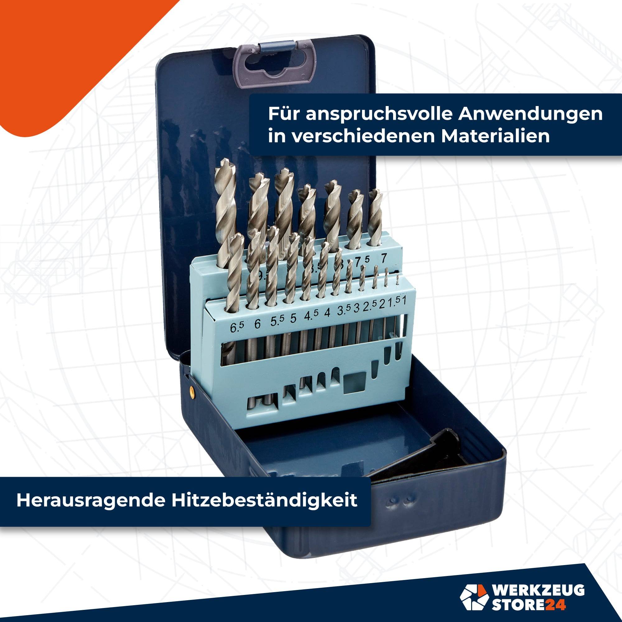 Ein geschlossener dunkelblauer Koffer, der einen Satz Bohrer enthält, mit dem Text 'Für anspruchsvolle Anwendungen in verschiedenen Materialien' und 'Herausragende Hitzebeständigkeit'.