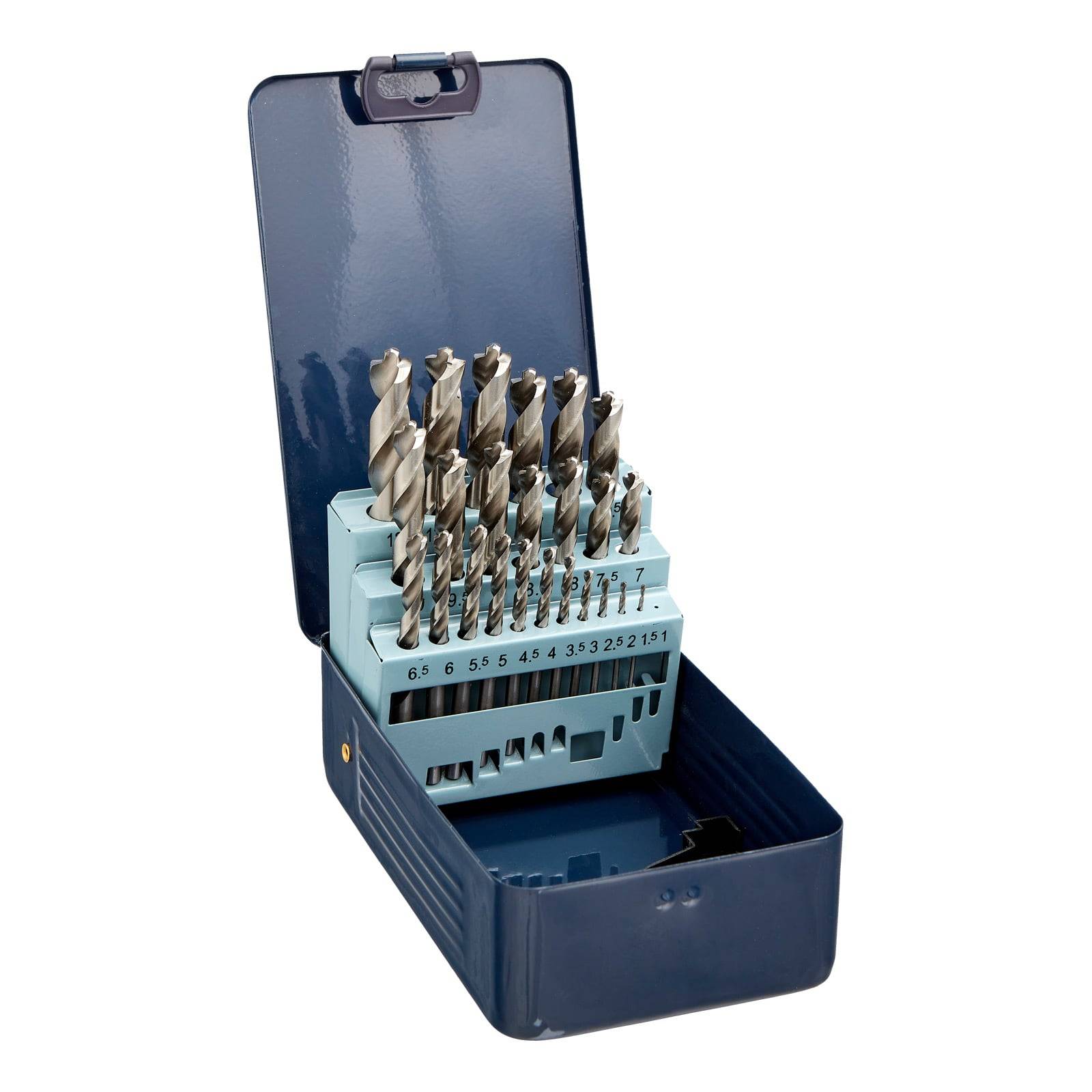 Eine blaue Schatulle ist geöffnet und zeigt verschiedene Größen von Metallbohrern, die in zwei Reihen angeordnet und von 1 bis 13 Millimeter beschriftet sind.