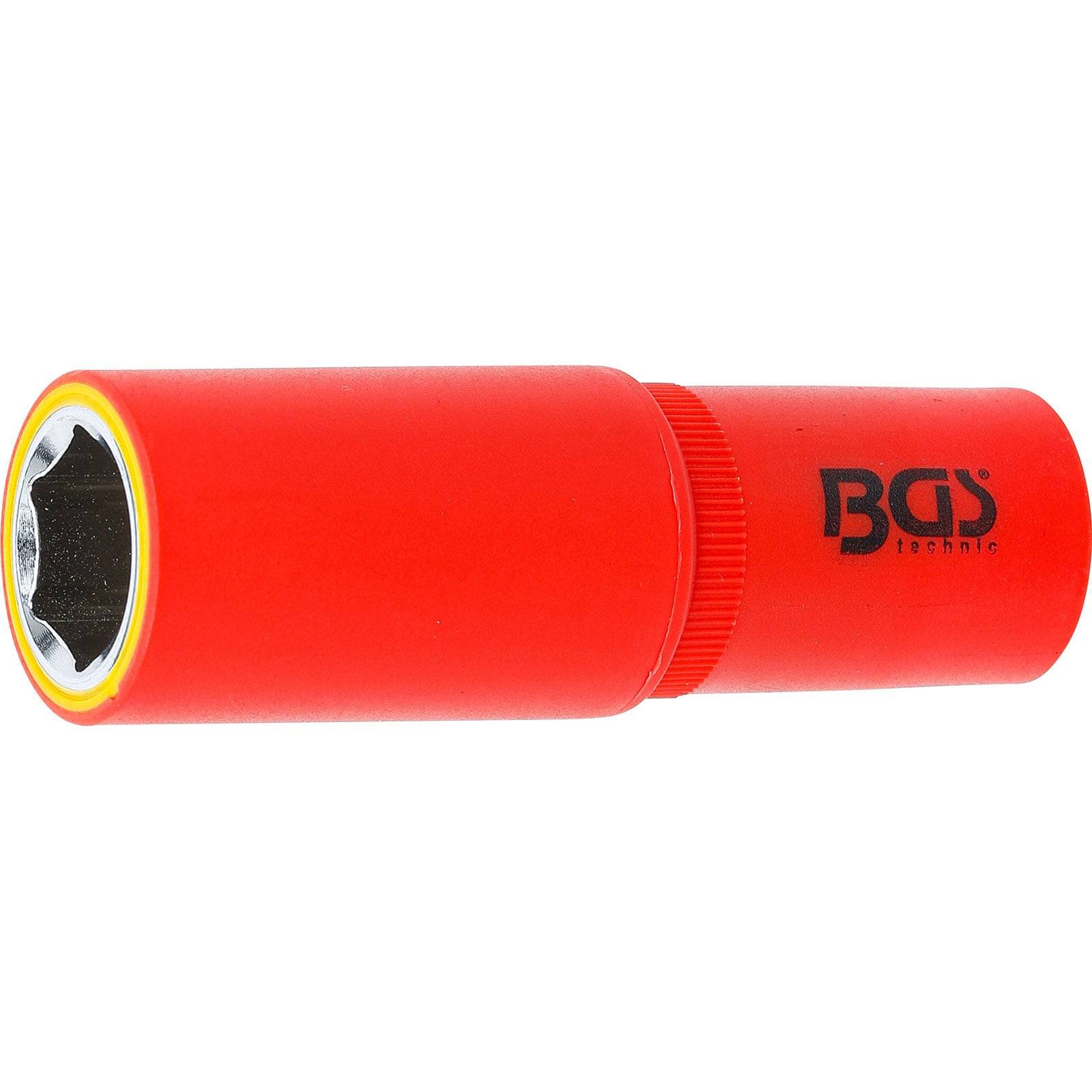 Eine rote BGS-Technik-Stecknuss mit einem gummierten Griff und einem nach innen gerichteten Metallende.