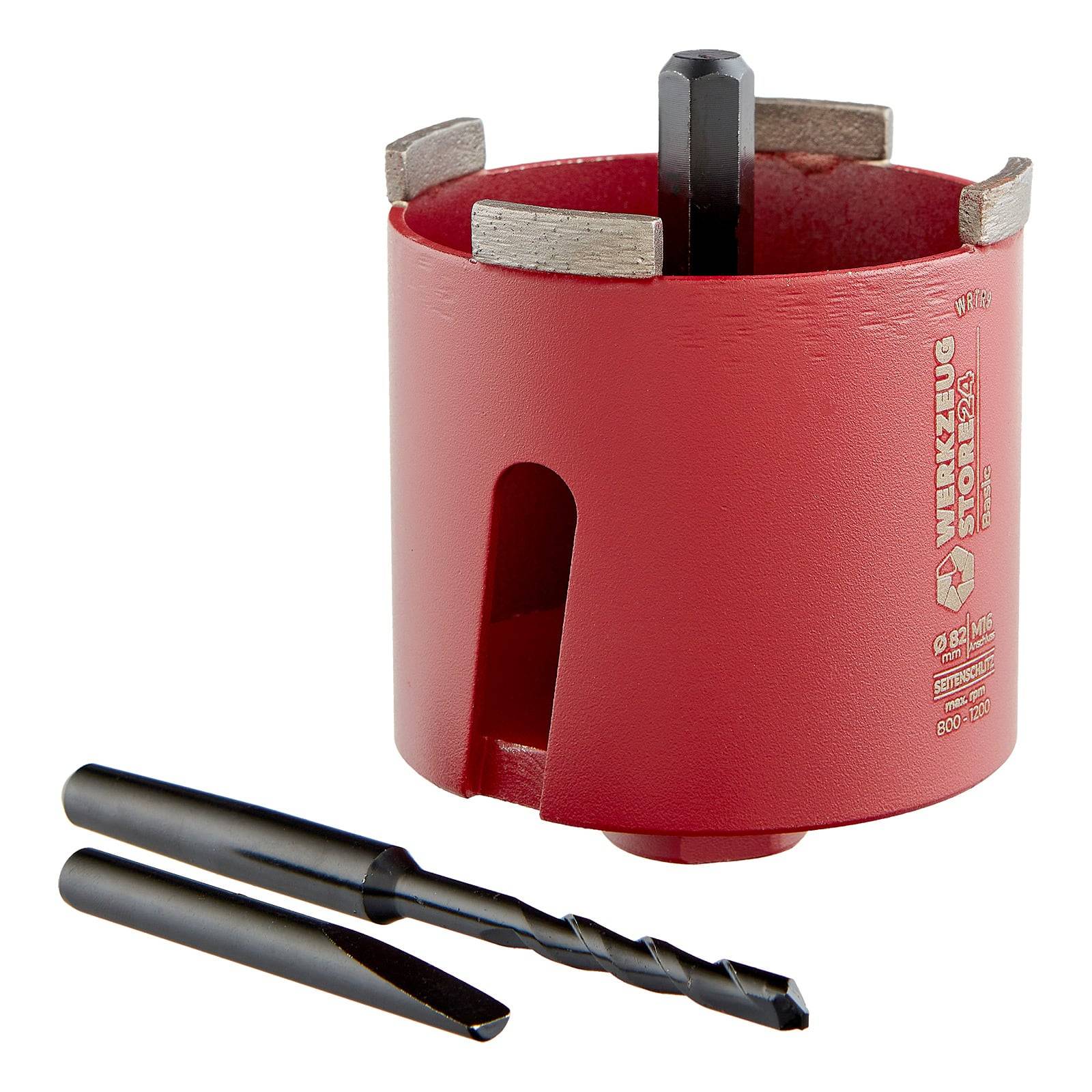 Ein roter Lochschneider mit einem Bohrer und zwei zusätzlichen Aufsätzen wird vor einem weißen Hintergrund präsentiert.