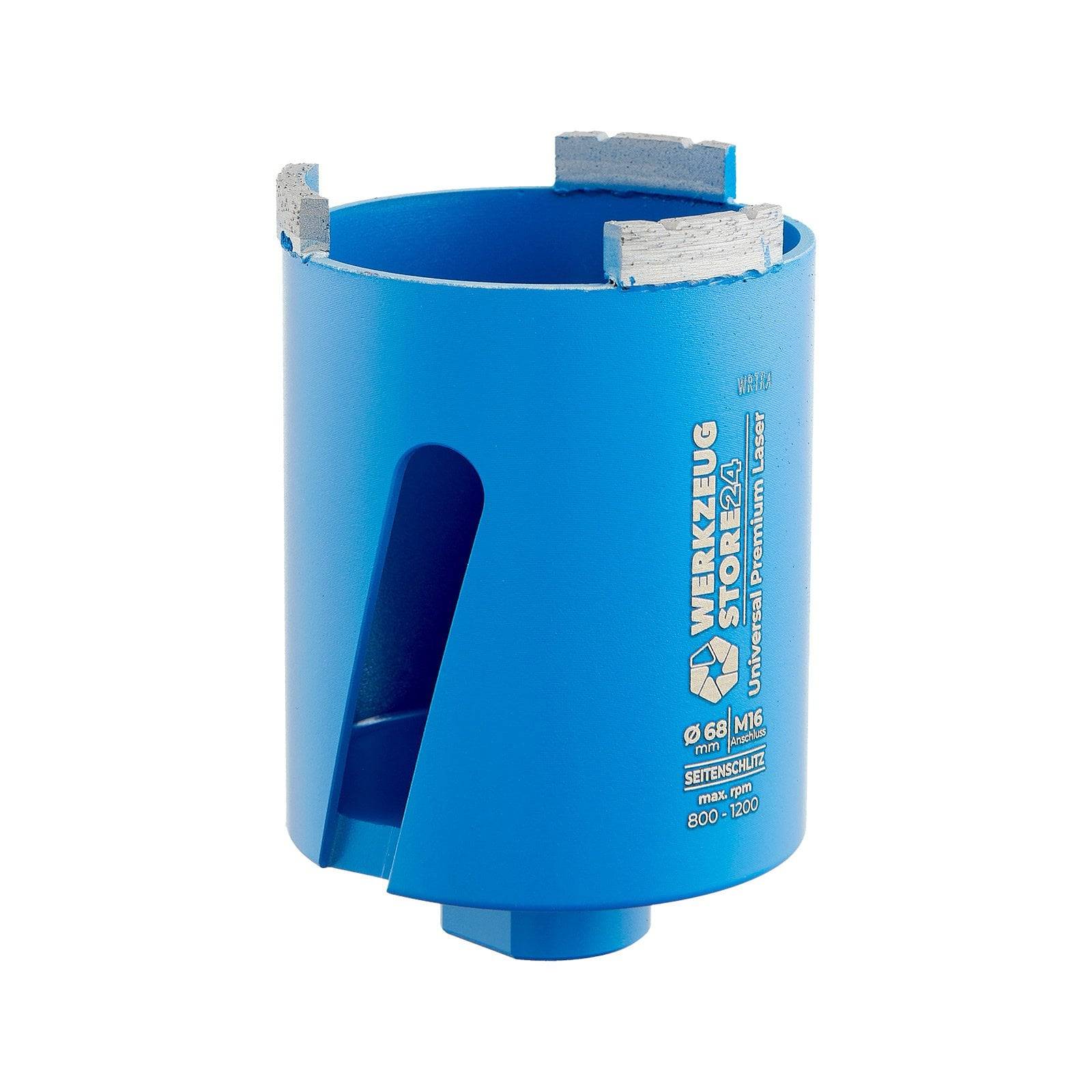 Ein blauer Diamant-Kernbohrer mit silbernen Segmenten und dem Markennamen 'Wierzeug' an der Seite.